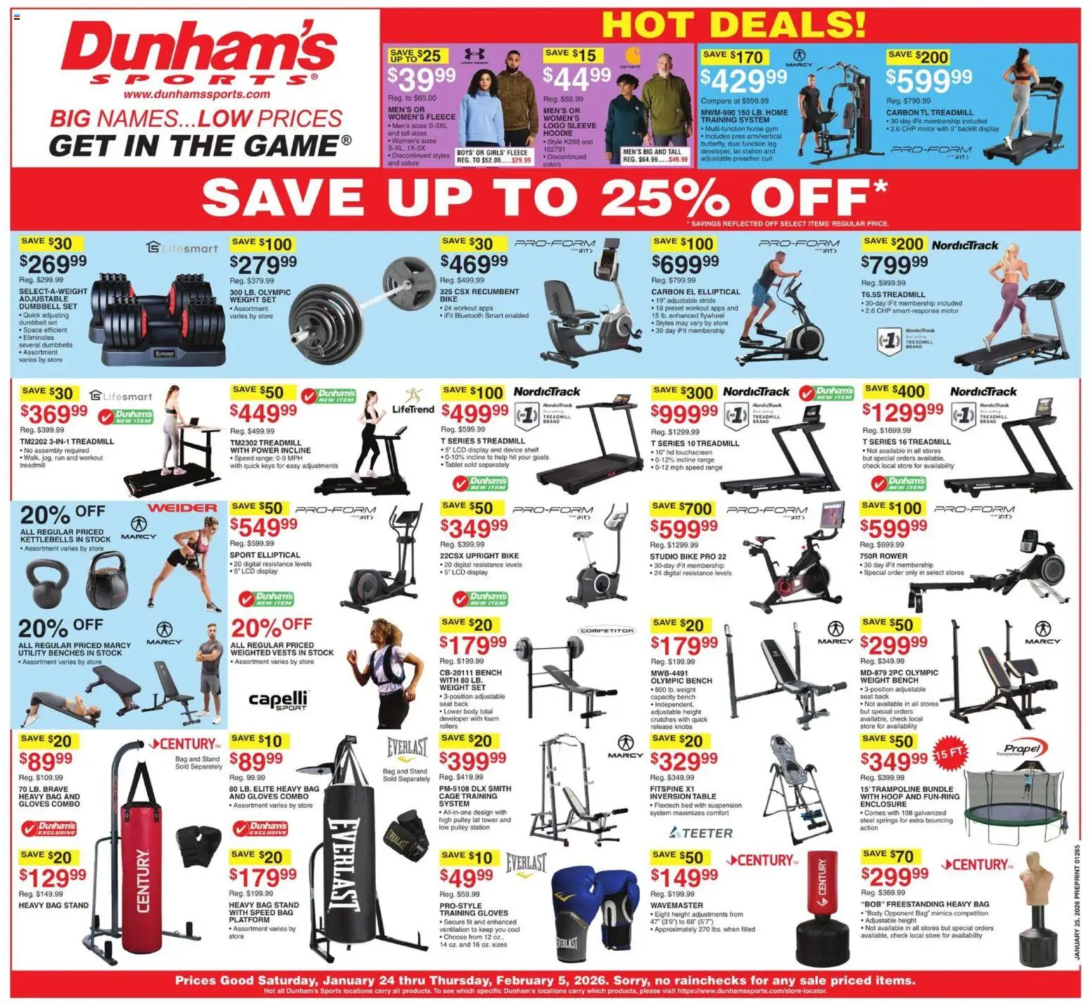 Dunham's Sports Weekly Ad - valid from 24.01.2026 | Page: 1 | Products: Bed, Table, Hoodie, Weight
