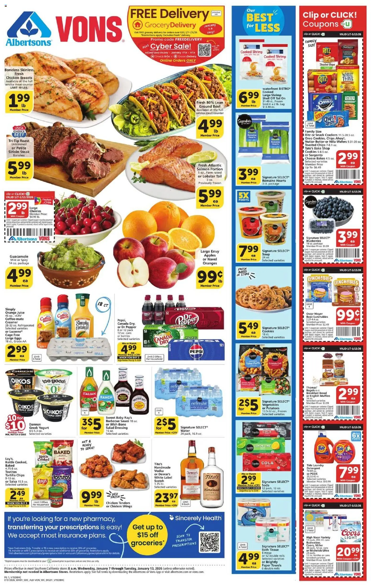 Vons Weekly Ad - valid from 07.01.2026 | Page: 1 | Products: Detergent, Chips, Cookies, Bag