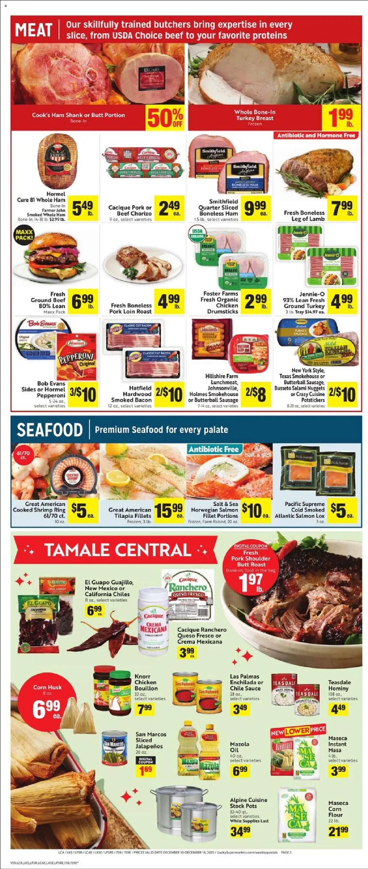 Lucky Supermarkets Weekly Ad - valid from 10.12.2025 | Page: 3 | Products: Pork, Seafood, Sausage, Bag