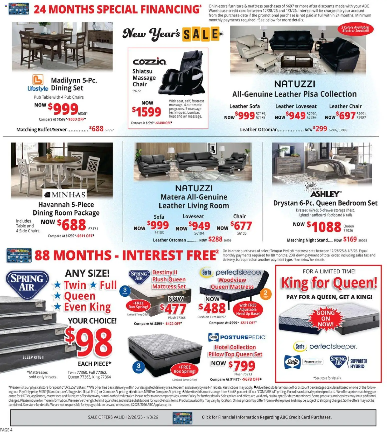 ABC Warehouse Weekly Ad - valid from 28.12.2025 | Page: 4 | Products: Bedroom set, Ottoman, Loveseat, Night Stand