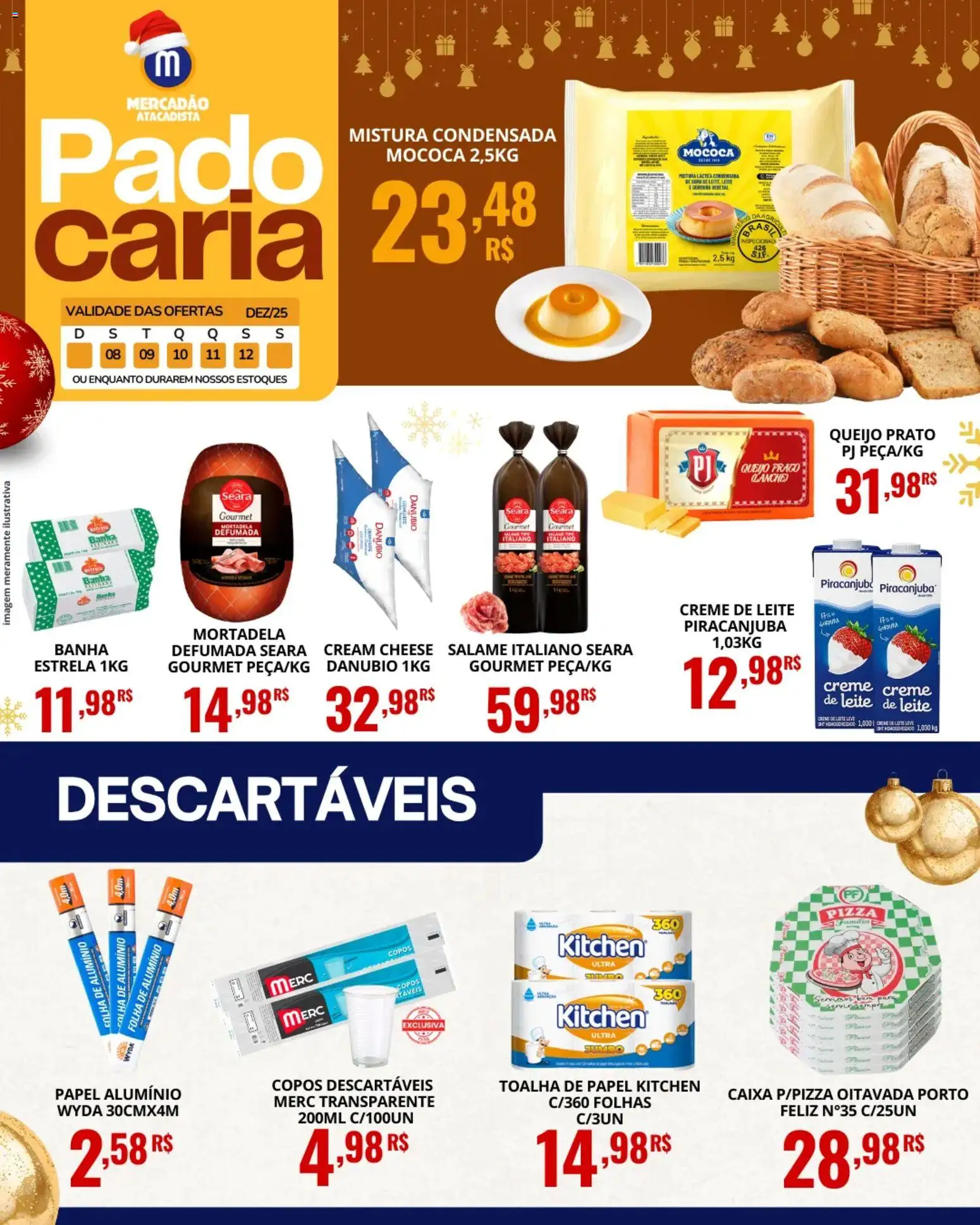 Mercadão Atacadista Folheto - válido de 08.12.2025 | Página: 3 | Produtos: Caixa, Copos descartáveis, Pizza, Mortadela