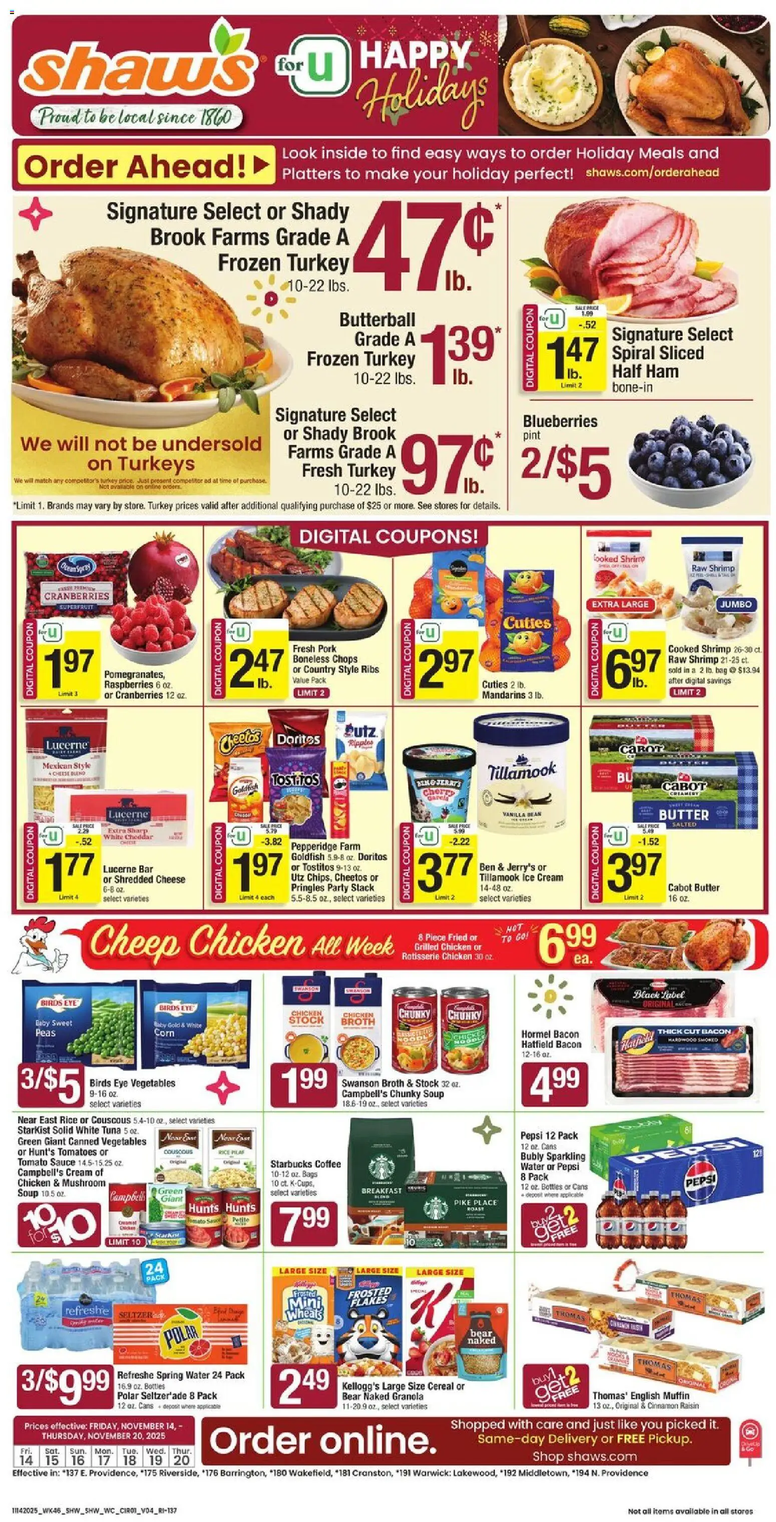 Shaw's Weekly Ad - RI - valid from 14.11.2025 | Page: 1 | Products: Ham, Cream, Vegetables, Bag