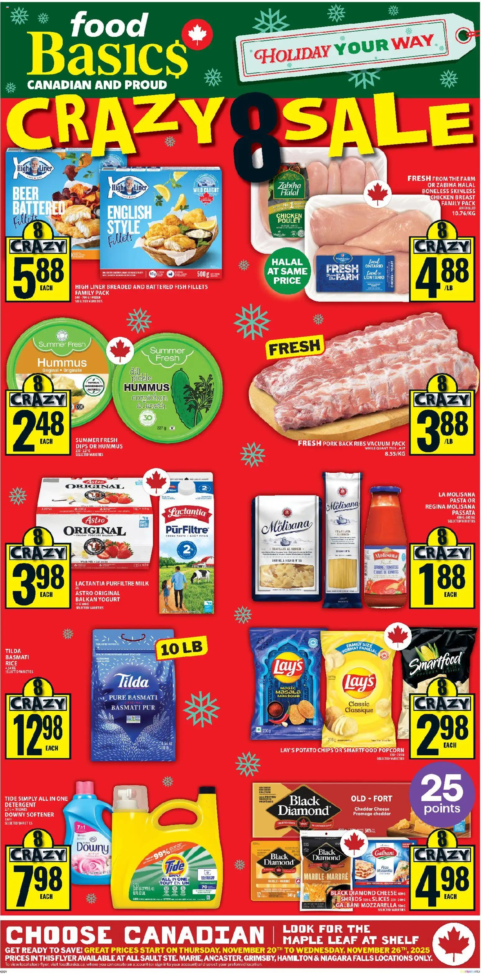 Food Basics flyer valid from 20.11.2025 | Page: 1 | Products: Fish, Pasta, Detergent, Pork