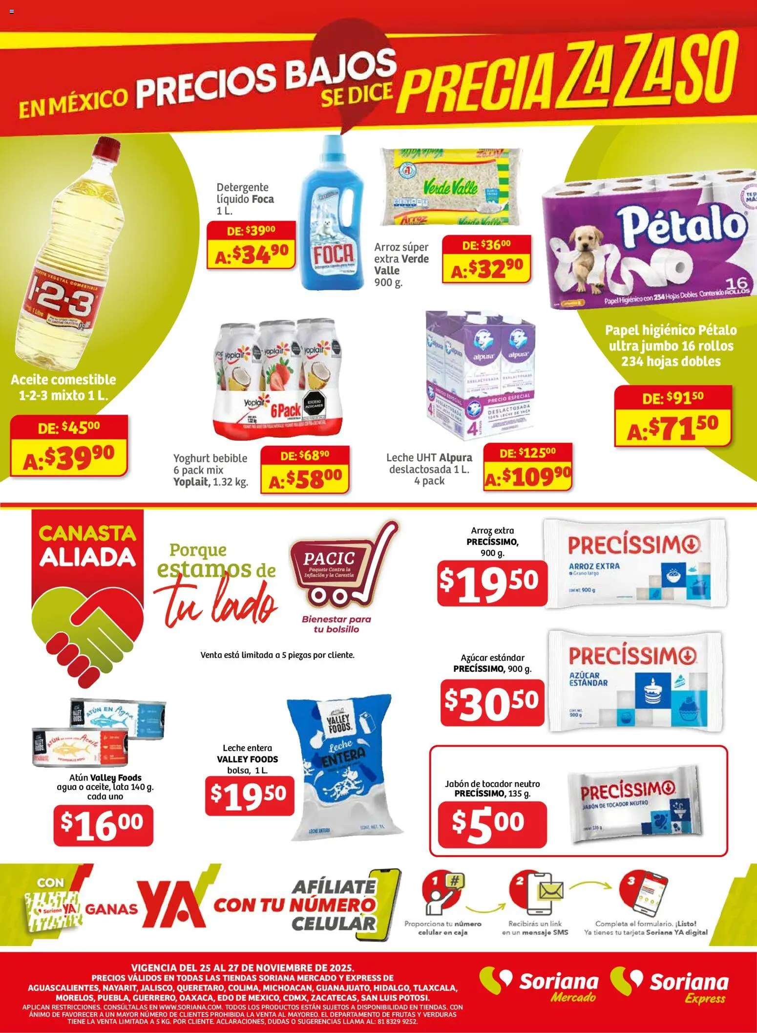 Nuevas ofertas de Soriana válidas en toda la República Mexicana desde el 26.11.2025. ¡Encuentra las mejores ofertas en Soriana - Frescos del Mandado Mercado: Ags, Nay, Jal, Qro, Col, Mich, Gto, Hgo, Tlax, Mor, Pue, Gro, Oax, Edo. de Mex, CDMX, Zac y! | Página: 3 | Productos: Detergente, Azúcar, Caja, Jabón