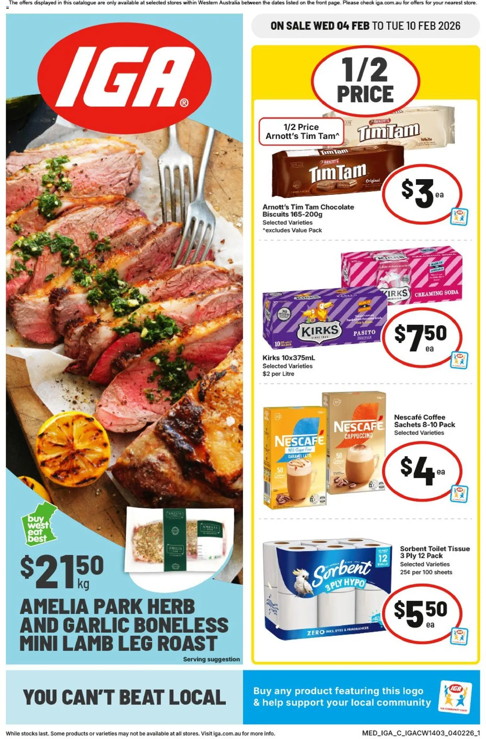 IGA catalogue - valid from 04.02.2026 | Page: 1 | Products: Coffee, Chocolate, Lamb, Biscuits