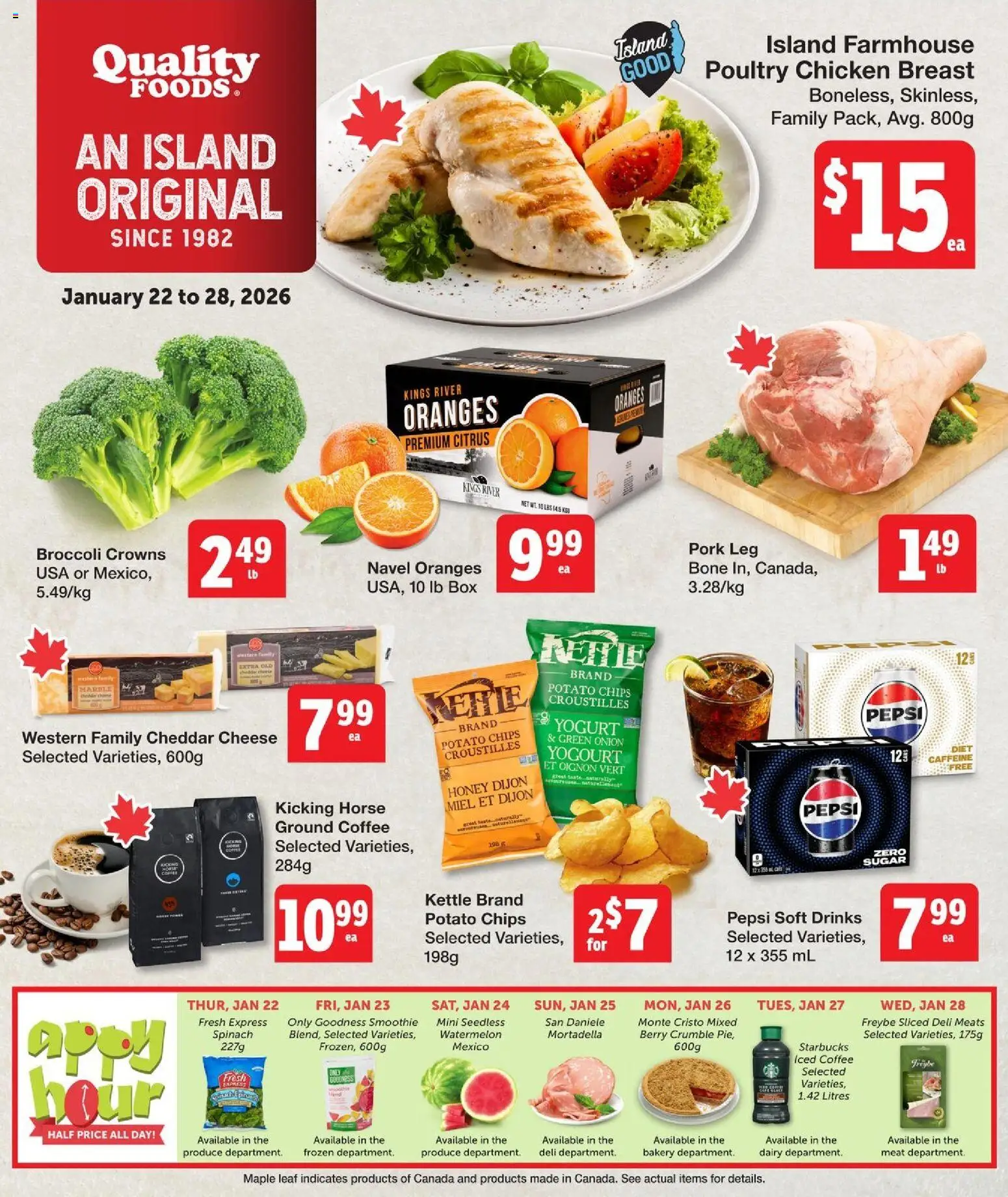 Quality Foods flyer valid from 22.01.2026 | Page: 1 | Products: Chips, Cheese, Coffee, Chicken
