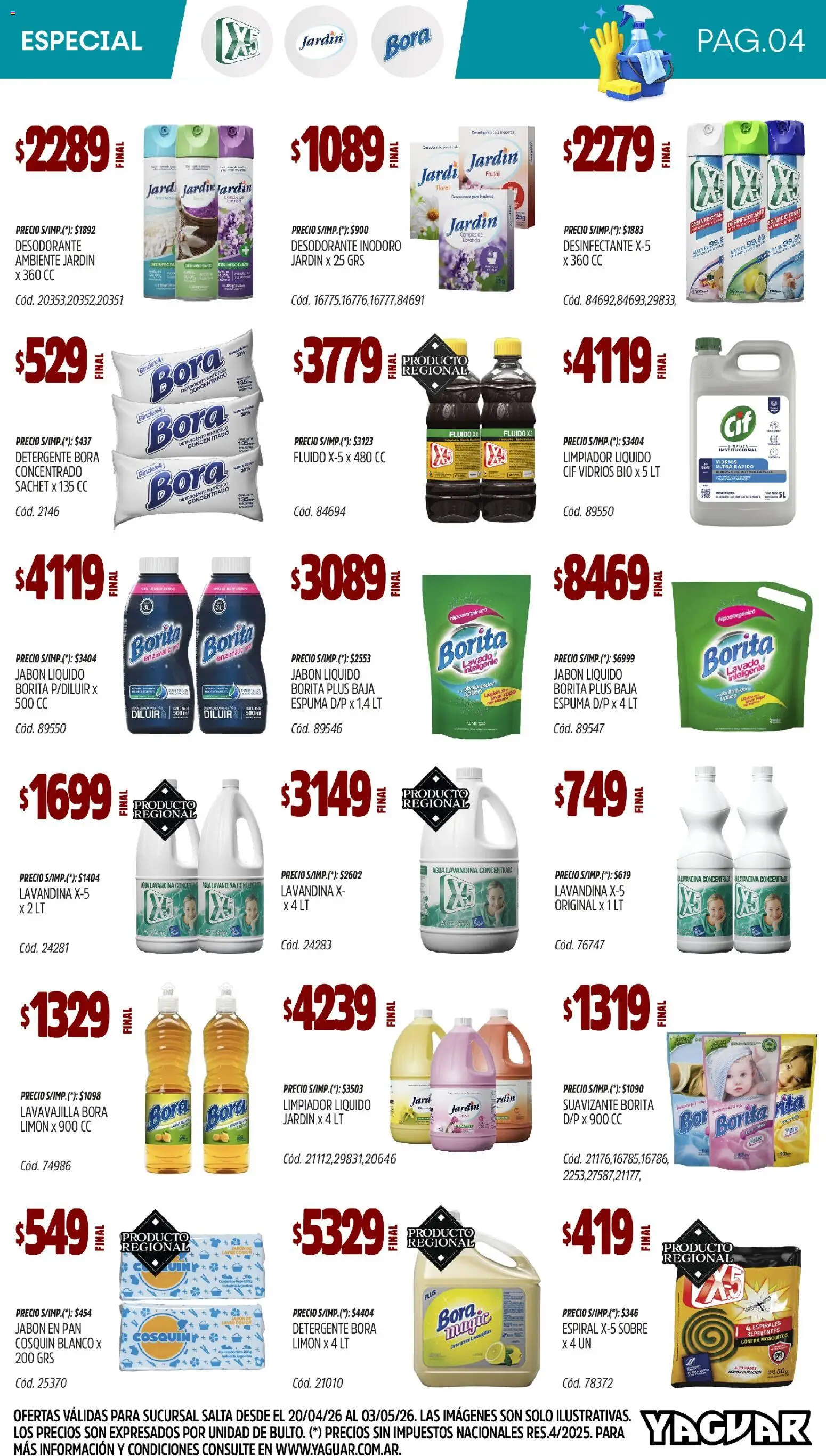 Yaguar - Especial Limpieza Salta │ válido desde el 20.04.2026 | Página: 4 | Productos: Lavandina, Sobre, Jabón, Agua
