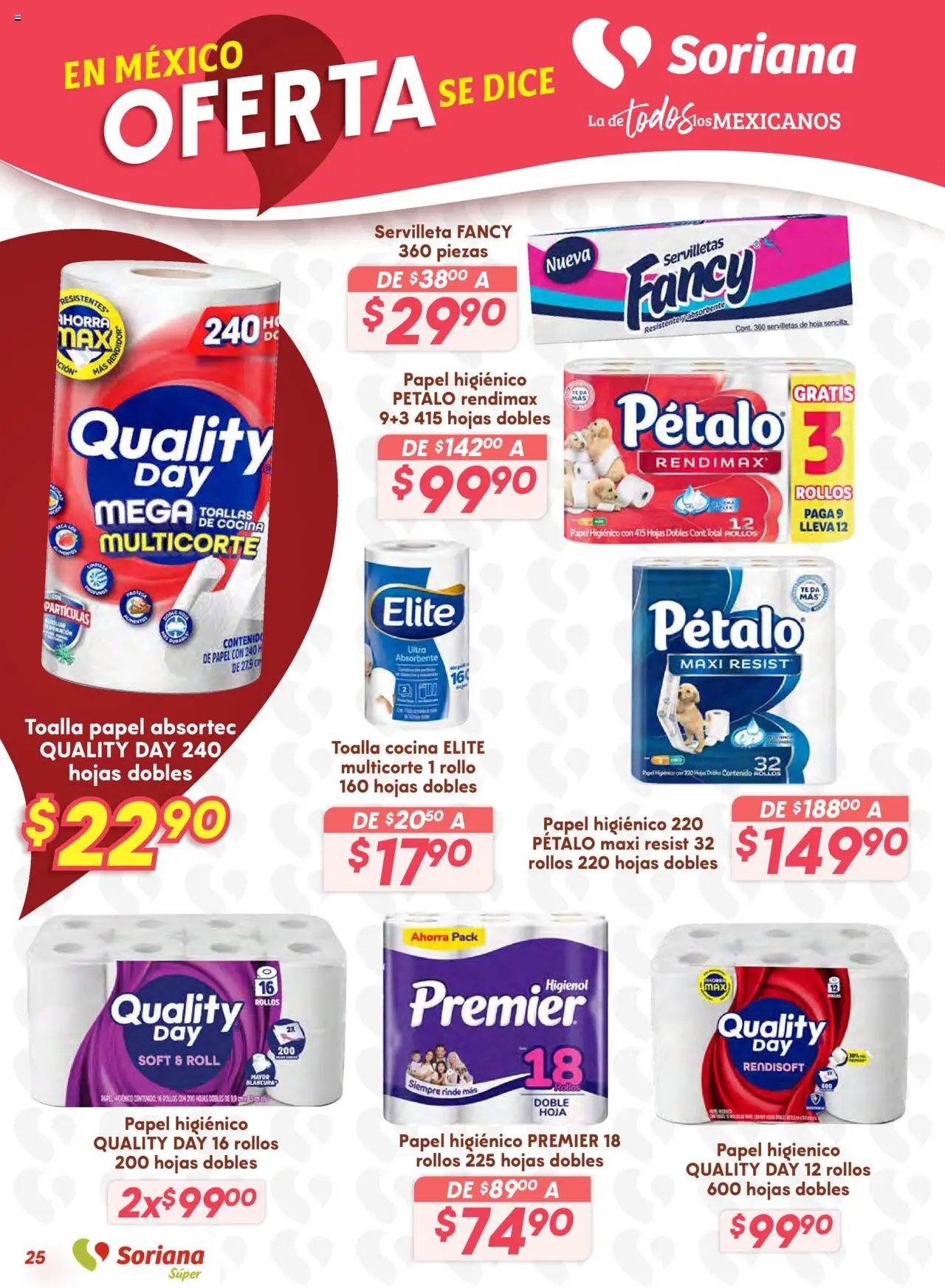 Nuevas ofertas de Soriana válidas en toda la República Mexicana desde el 25.09.2025. ¡Encuentra las mejores ofertas en Soriana - Preciazazaso Súper: Valle de México! | Página: 25 | Productos: Toalla, Papel higiénico, Cocina, Servilletas