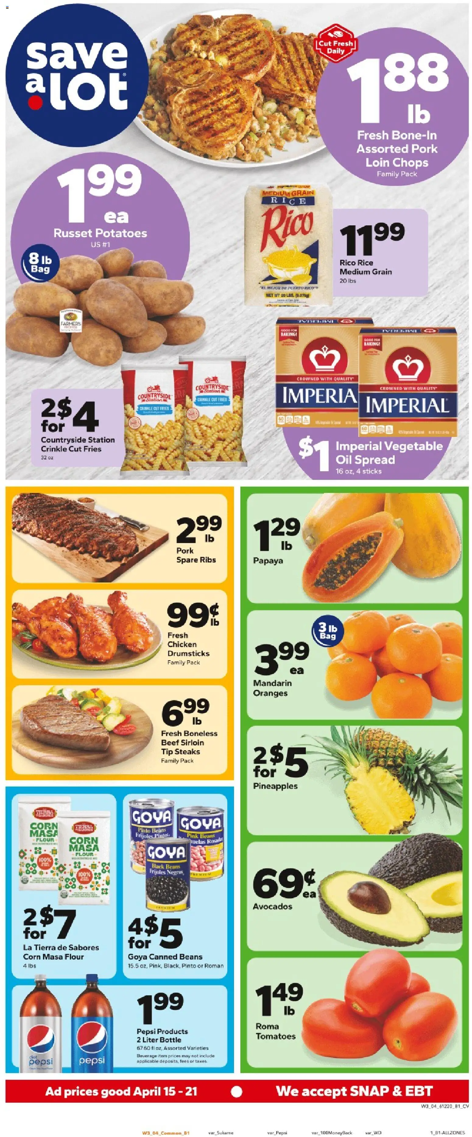 Save a Lot Weekly Ad - valid from 15.04.2026 | Page: 1 | Products: Tomatoes, Rice, Beef, Potatoes