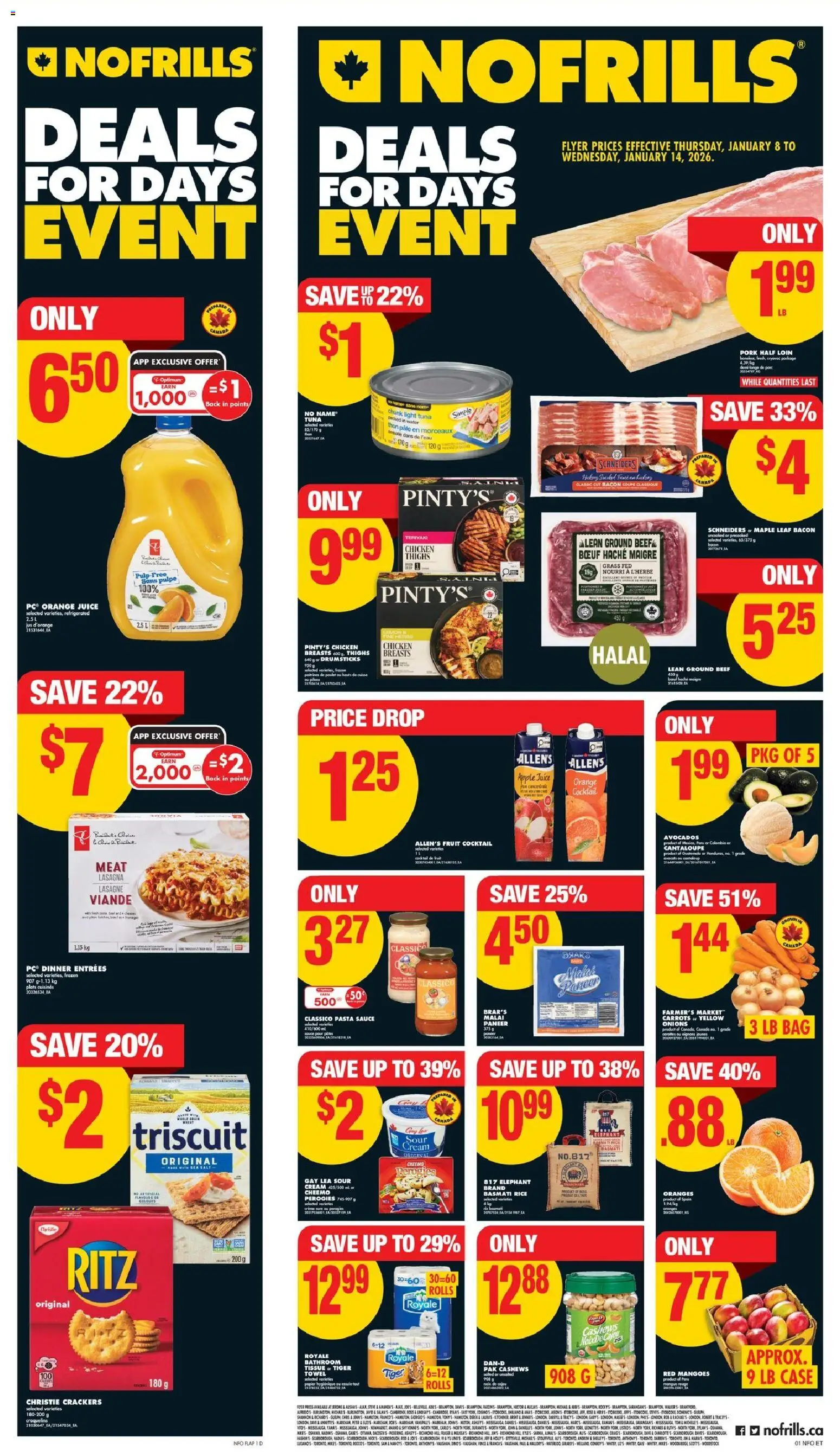 No Frills flyer valid from 08.01.2026 | Page: 1 | Products: Sour cream, Pasta, Case, Oranges