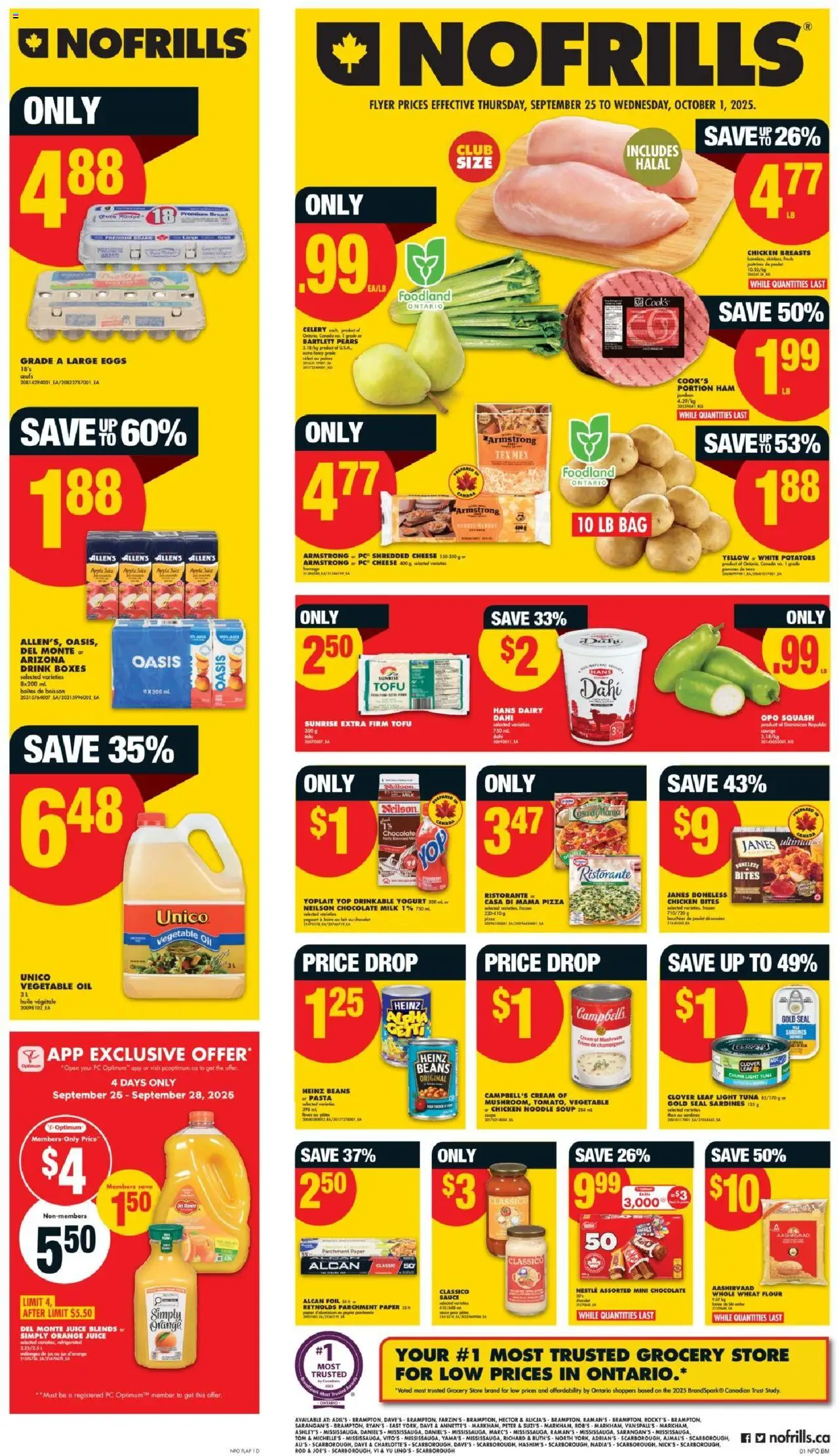 No Frills flyer valid from 25.09.2025 | Page: 1 | Products: Oil, Chocolate, Ham, Pizza