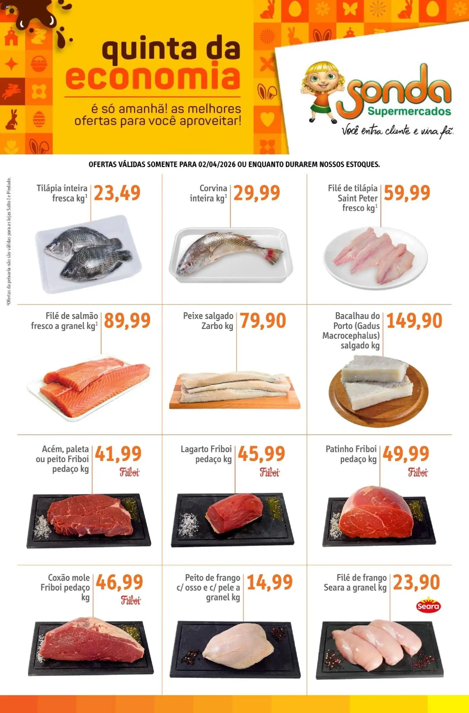 Sonda Folheto - válido de 02.04.2026 | Página: 1 | Produtos: Salmão, Bacalhau, Tilápia, Peito de frango