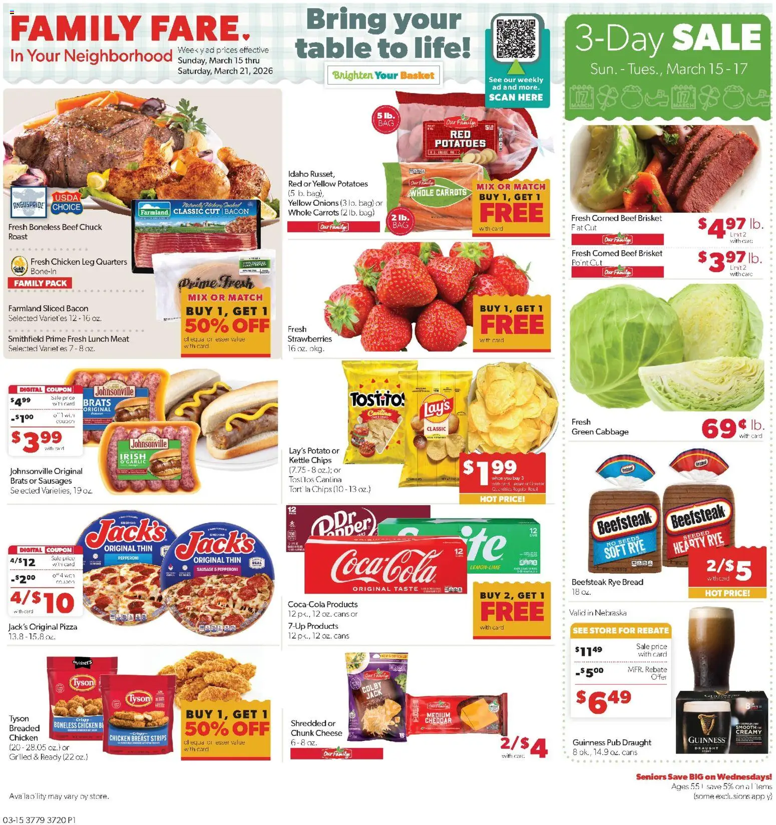 Family Fare Weekly Ad - NE - valid from 15.03.2026 | Page: 1 | Products: Basket, Bread, Beef, Strawberries
