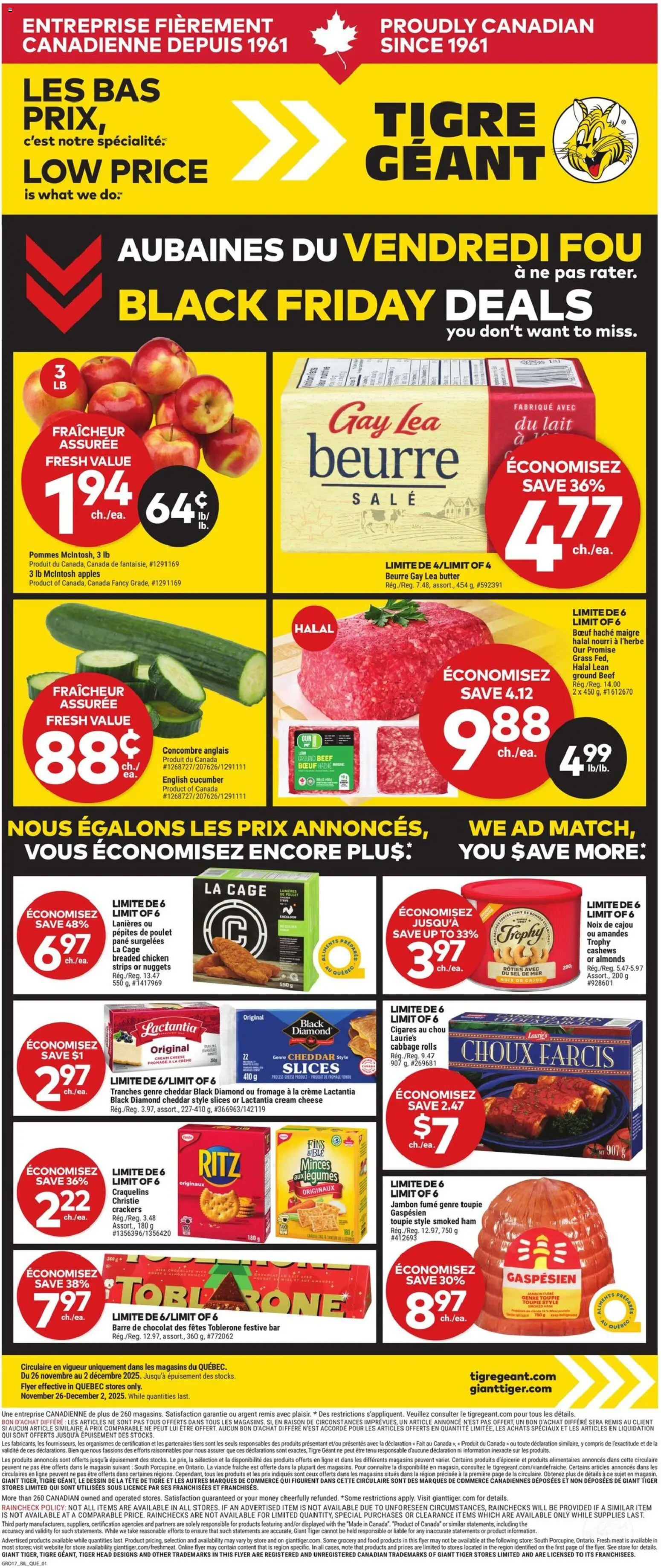 Giant Tiger flyer valid from 26.11.2025 | Page: 1 | Products: Butter, Cheese, Chocolate, Chicken