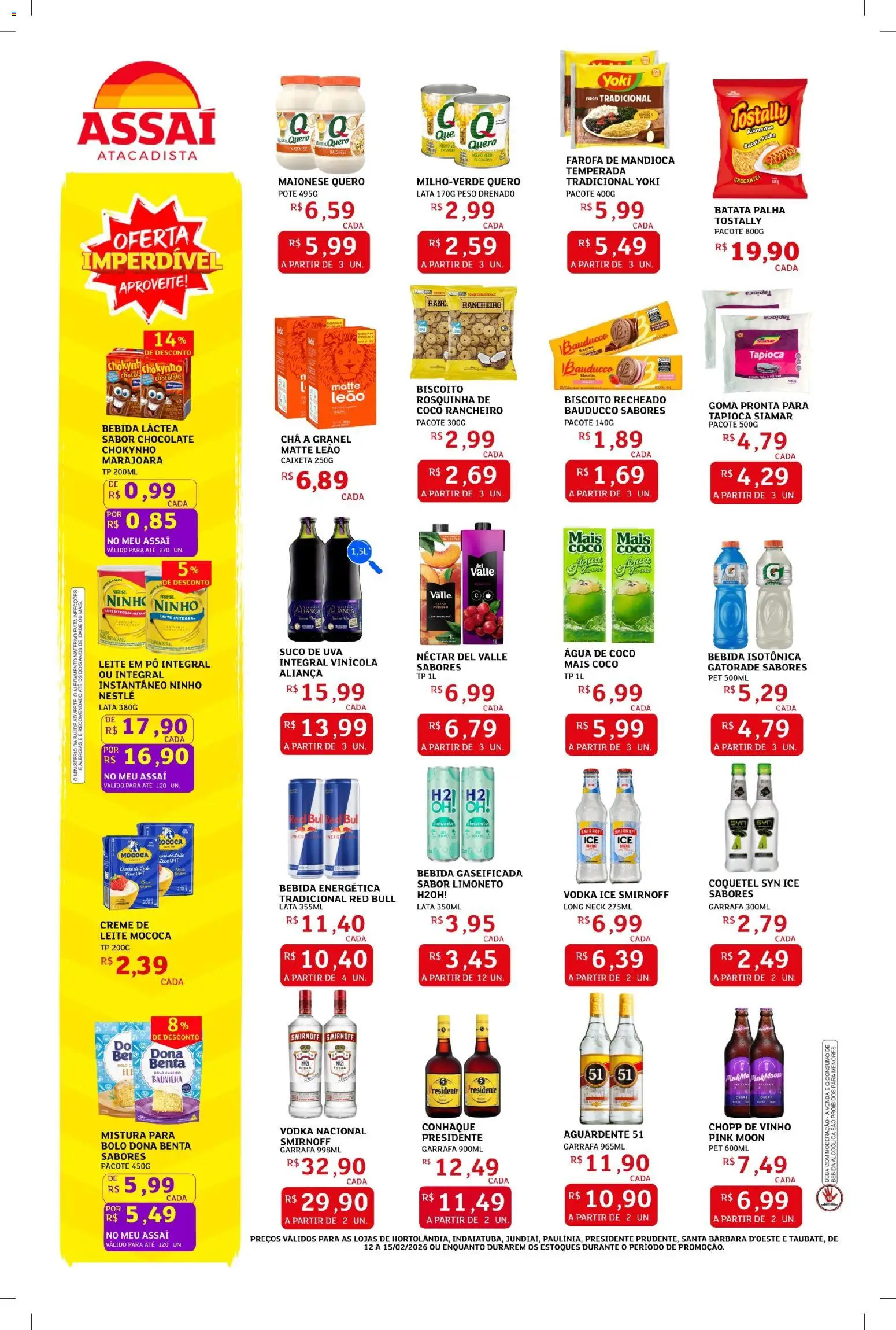 Assaí Atacadista Folheto - válido de 12.02.2026 | Página: 2 | Produtos: Mandioca, Leite integral, Aliança, Suco