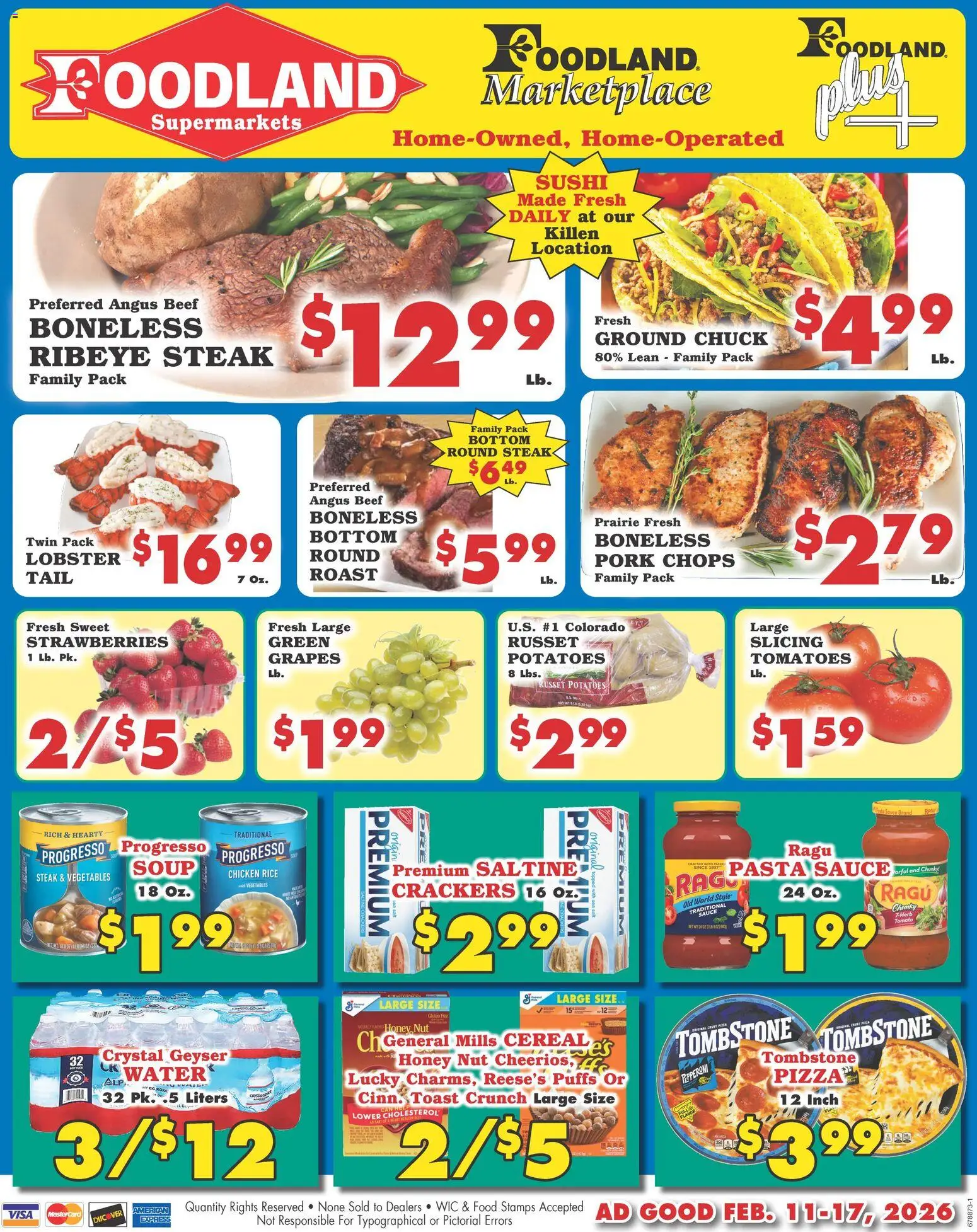 Foodland Weekly Ad - Supermarkets - valid from 11.02.2026 | Page: 1 | Products: Pork, Rice, Potatoes, Grapes