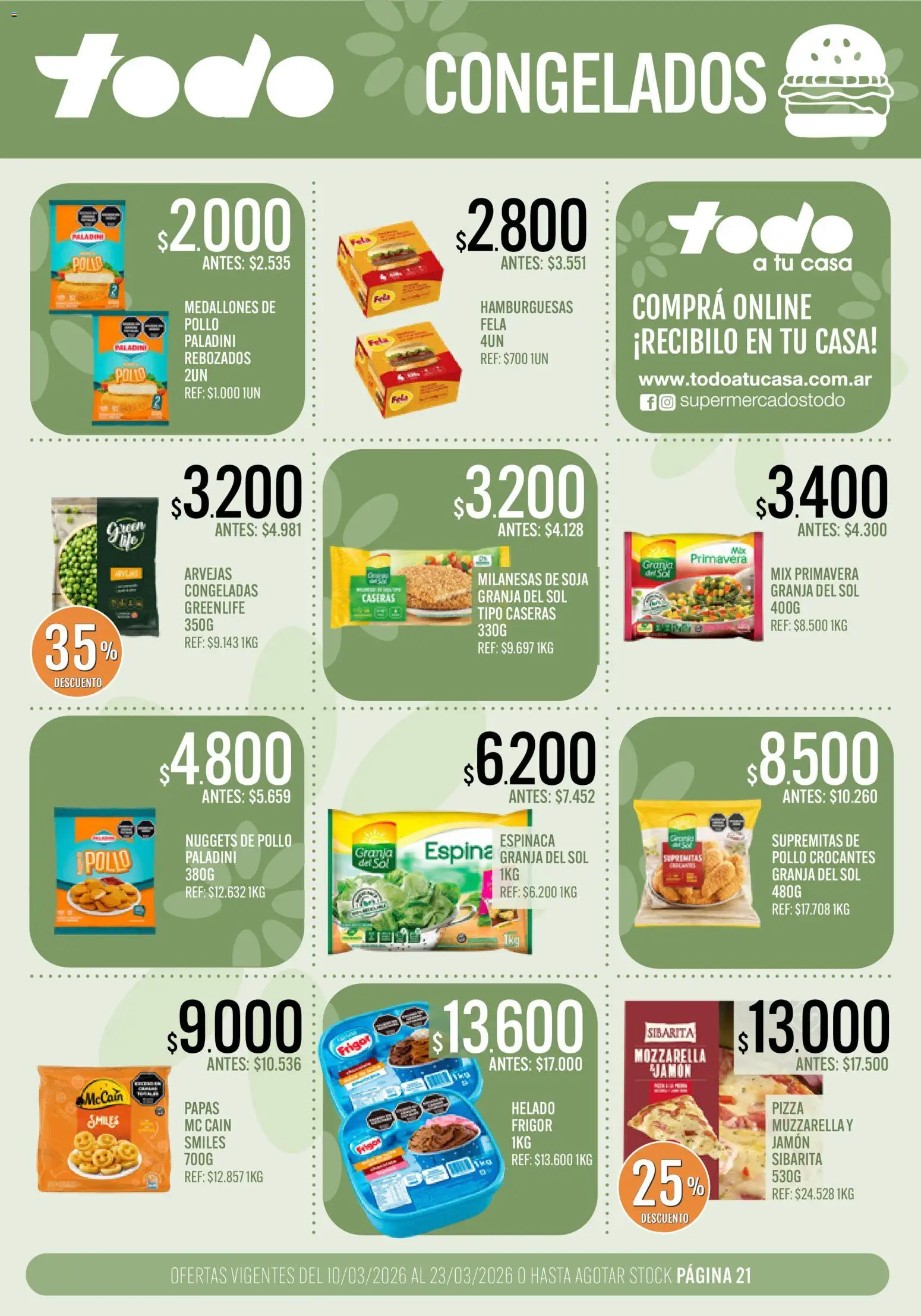 Supermercados TODO - Ofertas │ válido desde el 10.03.2026 | Página: 21 | Productos: Helado, Pollo, Arvejas, Jamón