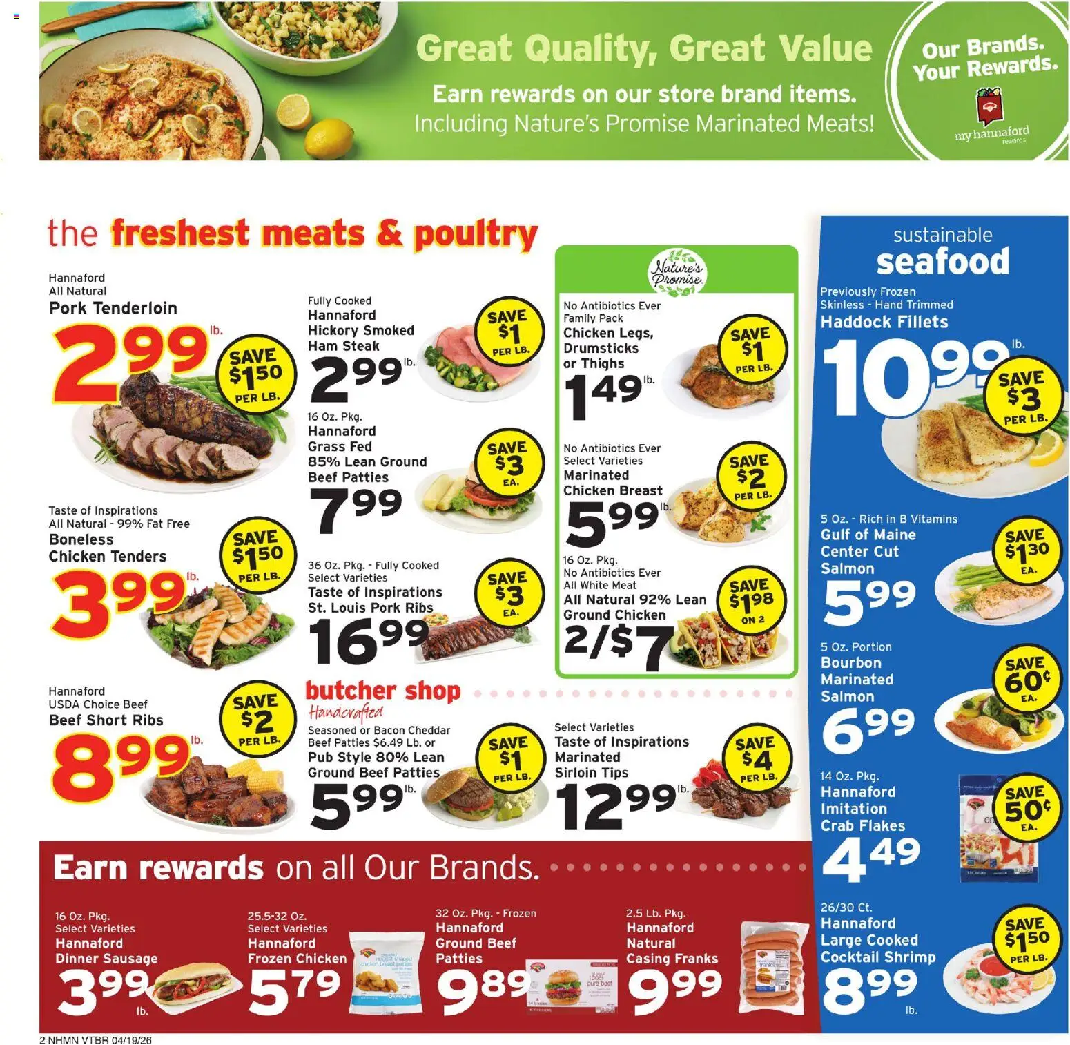 Hannaford Weekly Ad - valid from 19.04.2026 | Page: 2 | Products: Pork, Beef, Seafood, Sausage