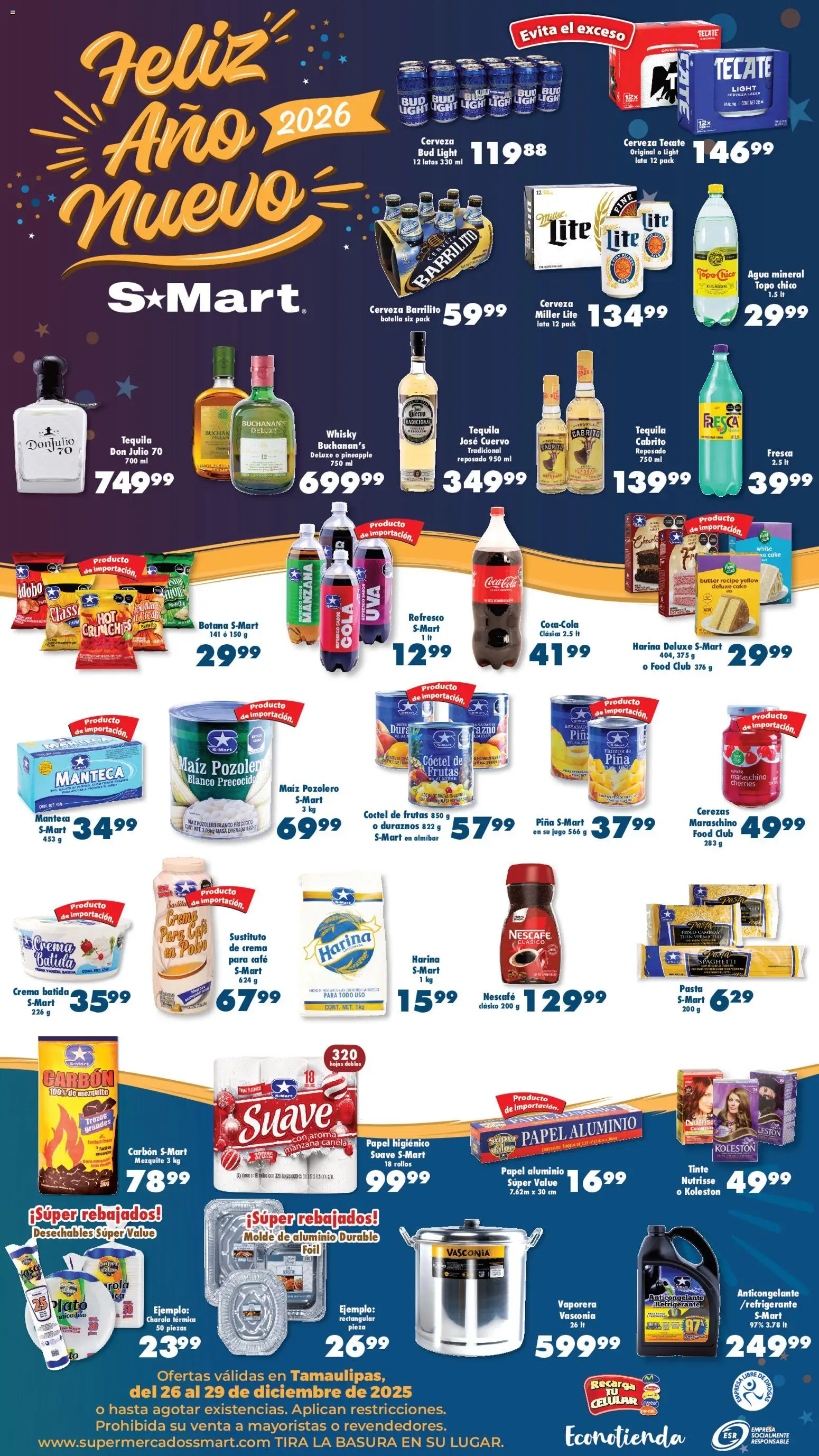 Nuevas ofertas de S-Mart válidas en toda la República Mexicana desde el 26.12.2025. ¡Encuentra las mejores ofertas en S-Mart folleto Reynosa! | Página: 2 | Productos: Crema, Café, Tequila, Whisky