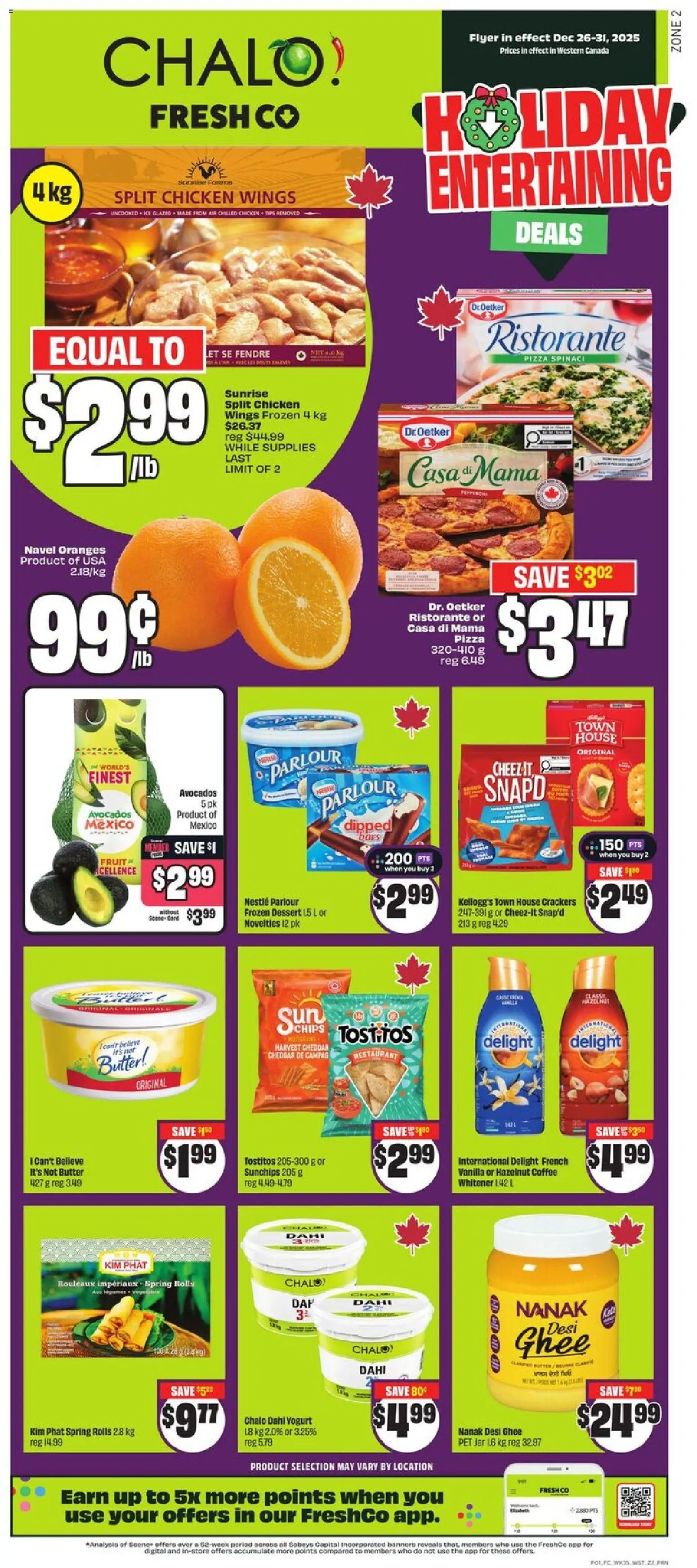 FreshCo flyer valid from 26.12.2025 | Page: 1 | Products: Chicken wings, Butter, Coffee, Pizza