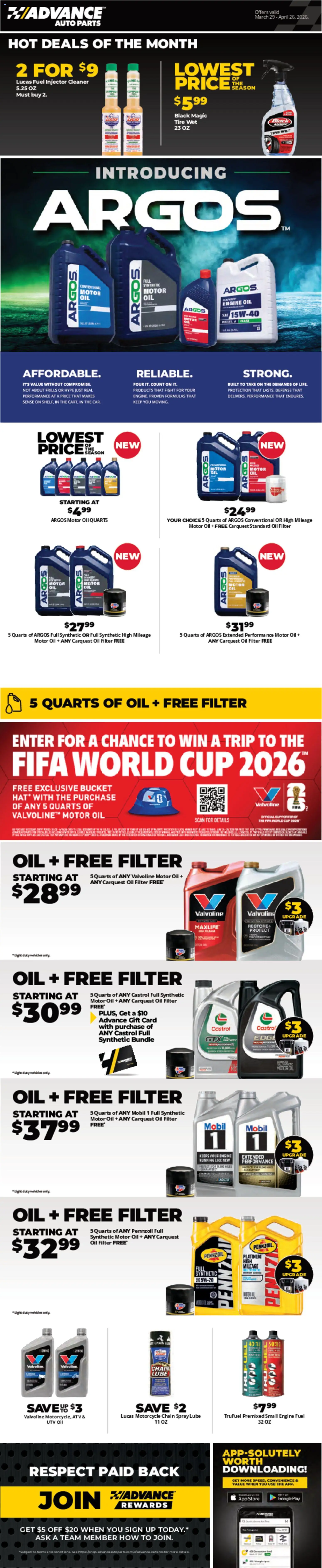 Advance Auto Parts Weekly Ad - valid from 29.03.2026 | Page: 1 | Products: Tire, Oil, Oil filter, Motor Oil