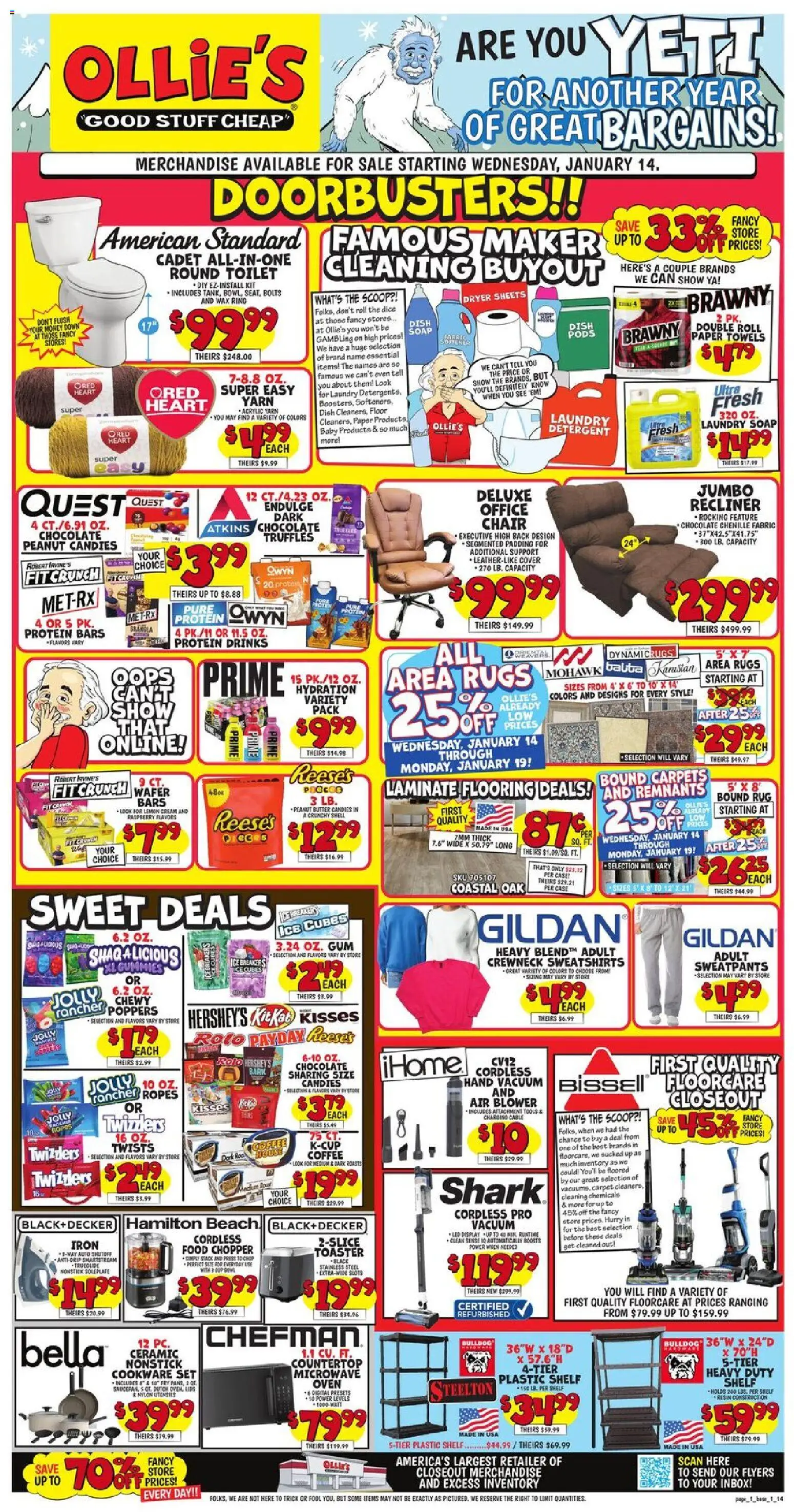 Ollie's Weekly Ad - valid from 14.01.2026 | Page: 1 | Products: Chocolate, Soap, Recliner, Blower