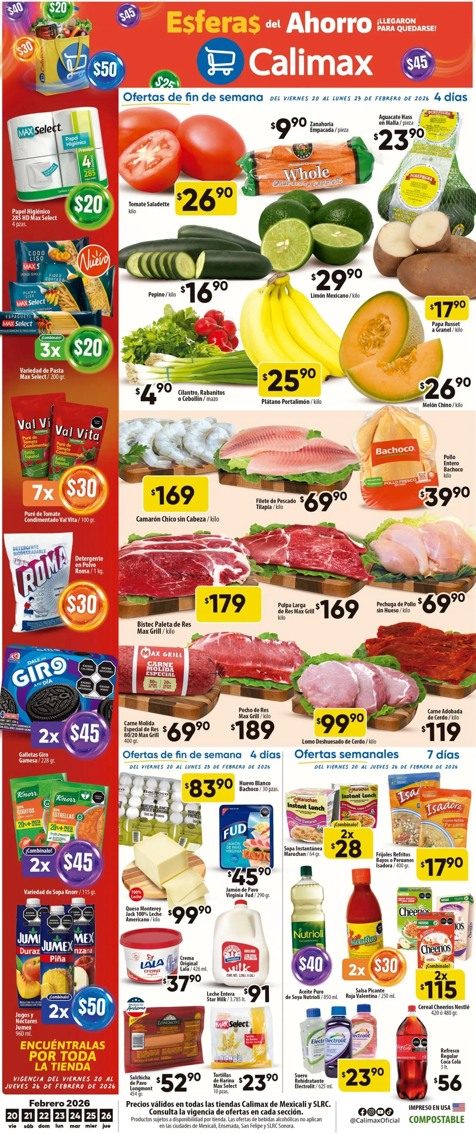 Nuevas ofertas de Calimax válidas en toda la República Mexicana desde el 20.02.2026. ¡Encuentra las mejores ofertas en Calimax folleto Mexicali y SLRC! | Página: 1 | Productos: Papa, Huevo, Aguacate, Pasta