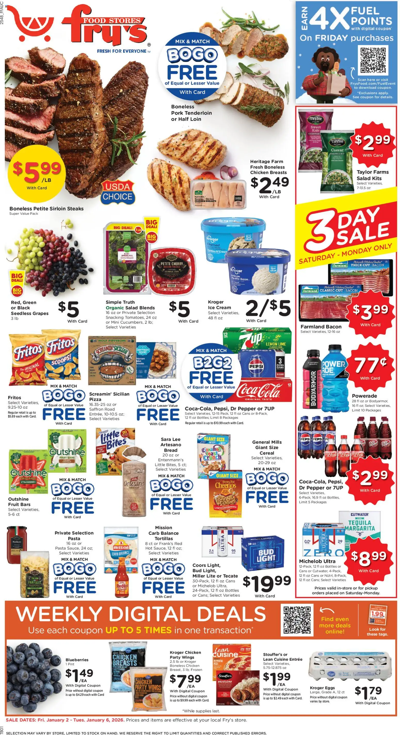 Fry's Food Weekly Ad - valid from 02.01.2026 | Page: 1 | Products: Trim, Ice cream, Grapes, 2人掛けソファ