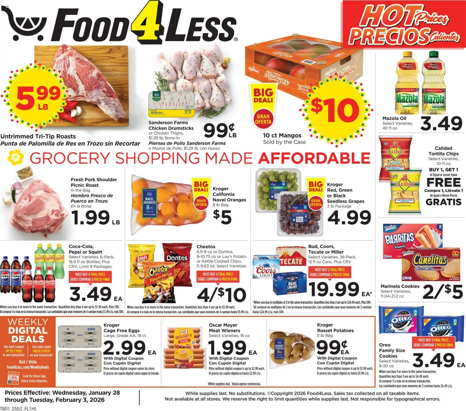 Food 4 Less Weekly Ad - valid from 28.01.2026 | Page: 1 | Products: Eggs, Oil, Chips, Kettle