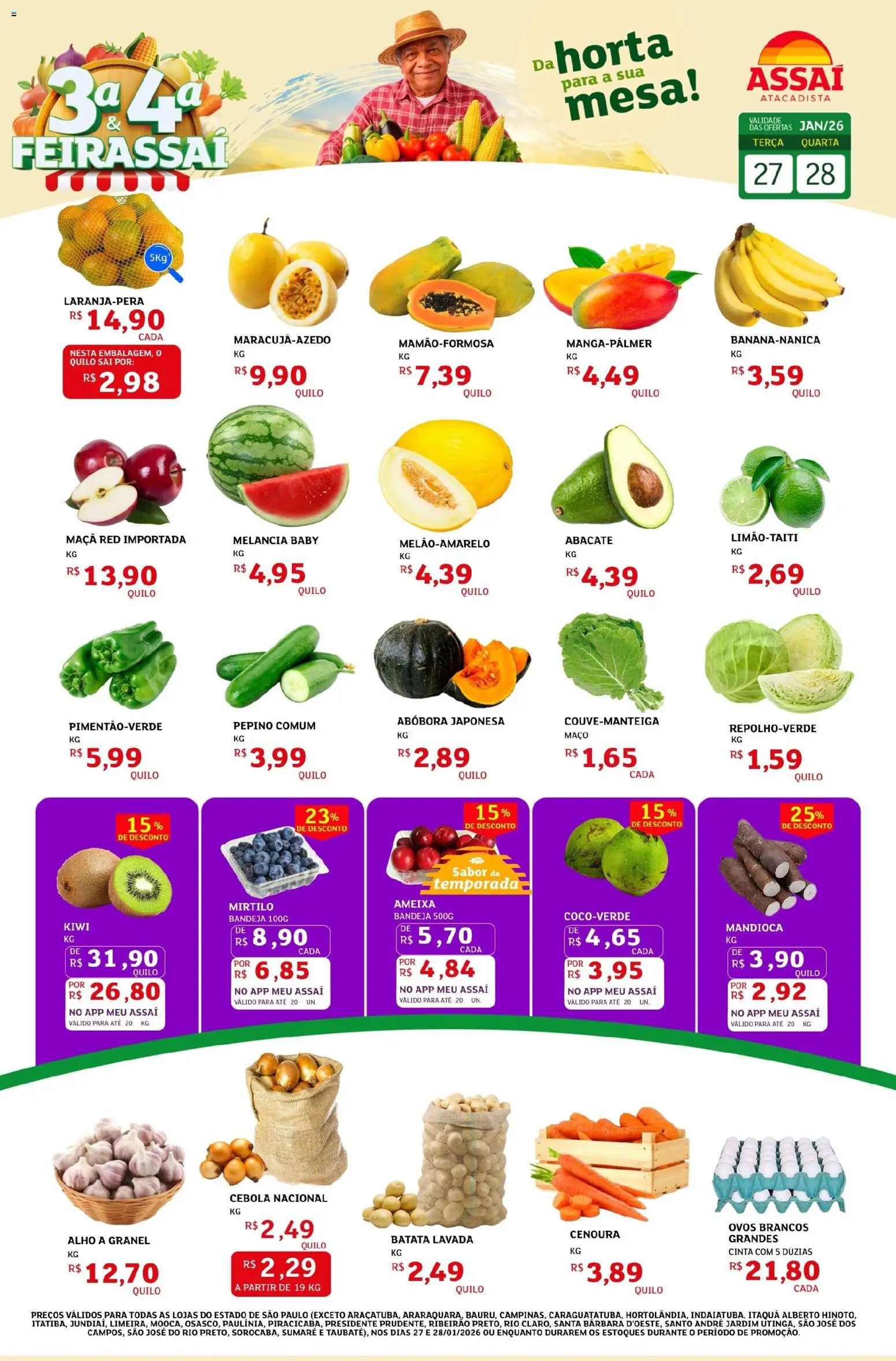 Assaí Atacadista Folheto - válido de 27.01.2026 | Página: 1 | Produtos: Mandioca, Ovos, Cenoura, Bandeja