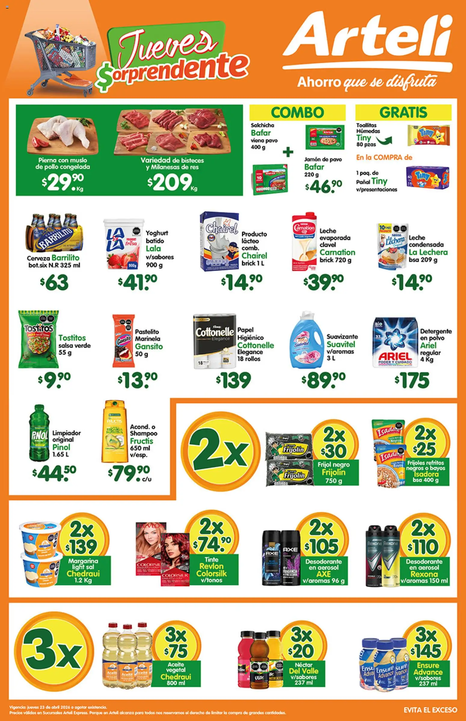 Nuevas ofertas de Arteli válidas en toda la República Mexicana desde el 23.04.2026. ¡Encuentra las mejores ofertas en Arteli folleto Express! | Página: 1 | Productos: Pollo, Detergente, Salchicha, Res
