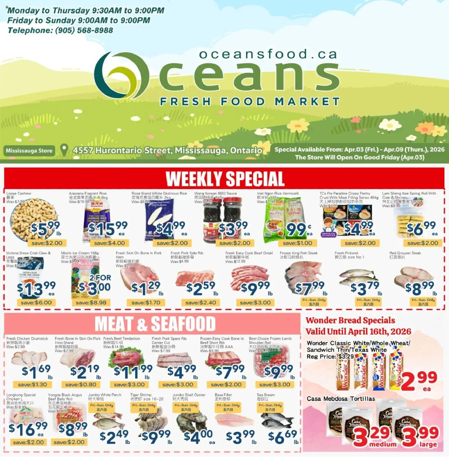 Oceans flyer valid from 03.04.2026 | Page: 1 | Products: Rice, Fish, Cream, Bread