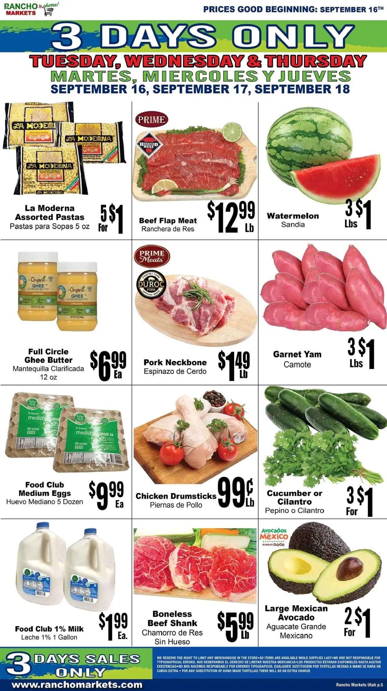 Rancho Markets Weekly Ad - valid from 16.09.2025 | Page: 5 | Products: Milk, Butter, Pork, Watermelon