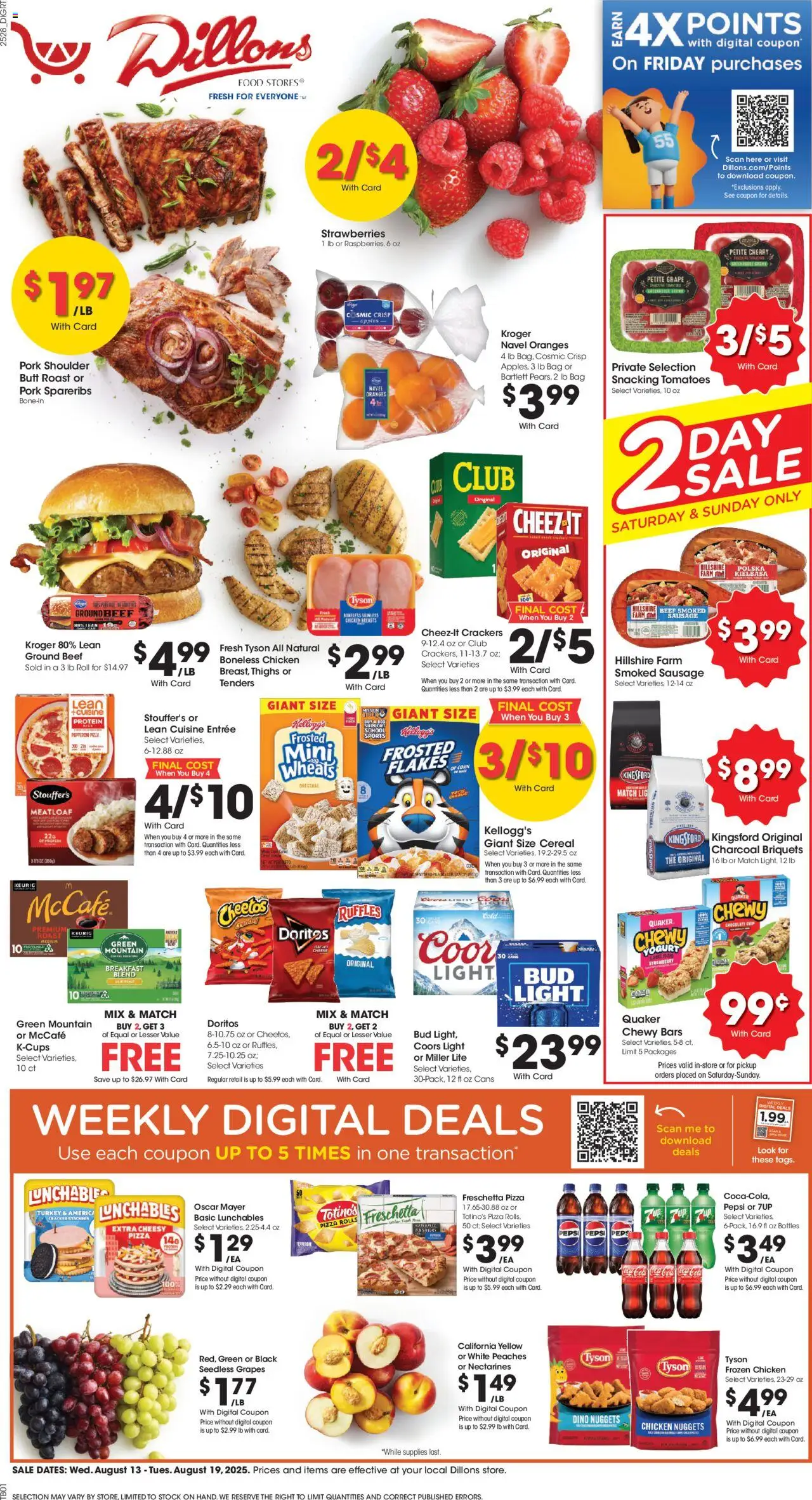 Dillons Weekly Ad - KS - valid from 13.08.2025 | Page: 1 | Products: Pizza, Pork, Oranges, Sausage