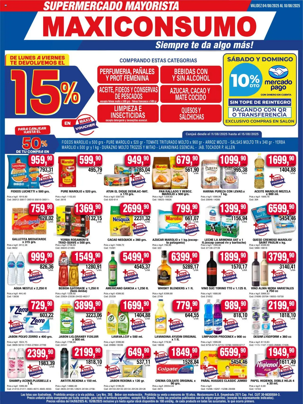 Maxiconsumo ofertas │ válido desde el 04.08.2025 | Página: 1 | Productos: Lavandina, Lavavajillas, Jabón, Queso