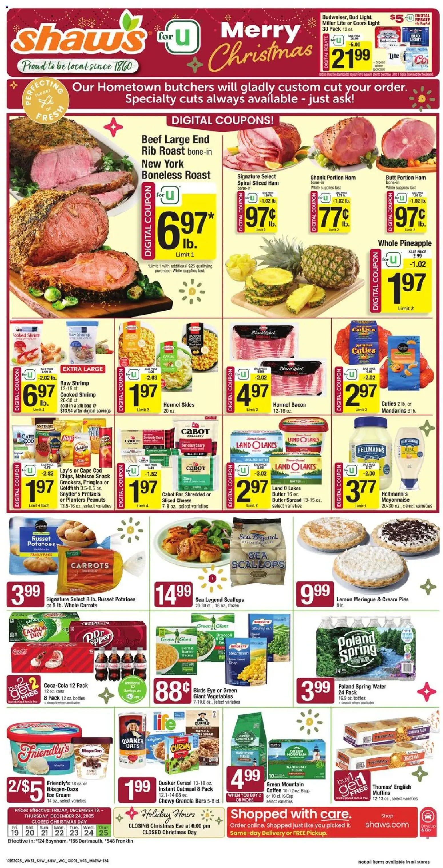 Shaw's Weekly Ad - MA - valid from 19.12.2025 | Page: 1 | Products: Ham, Beef, Potatoes, Vegetables