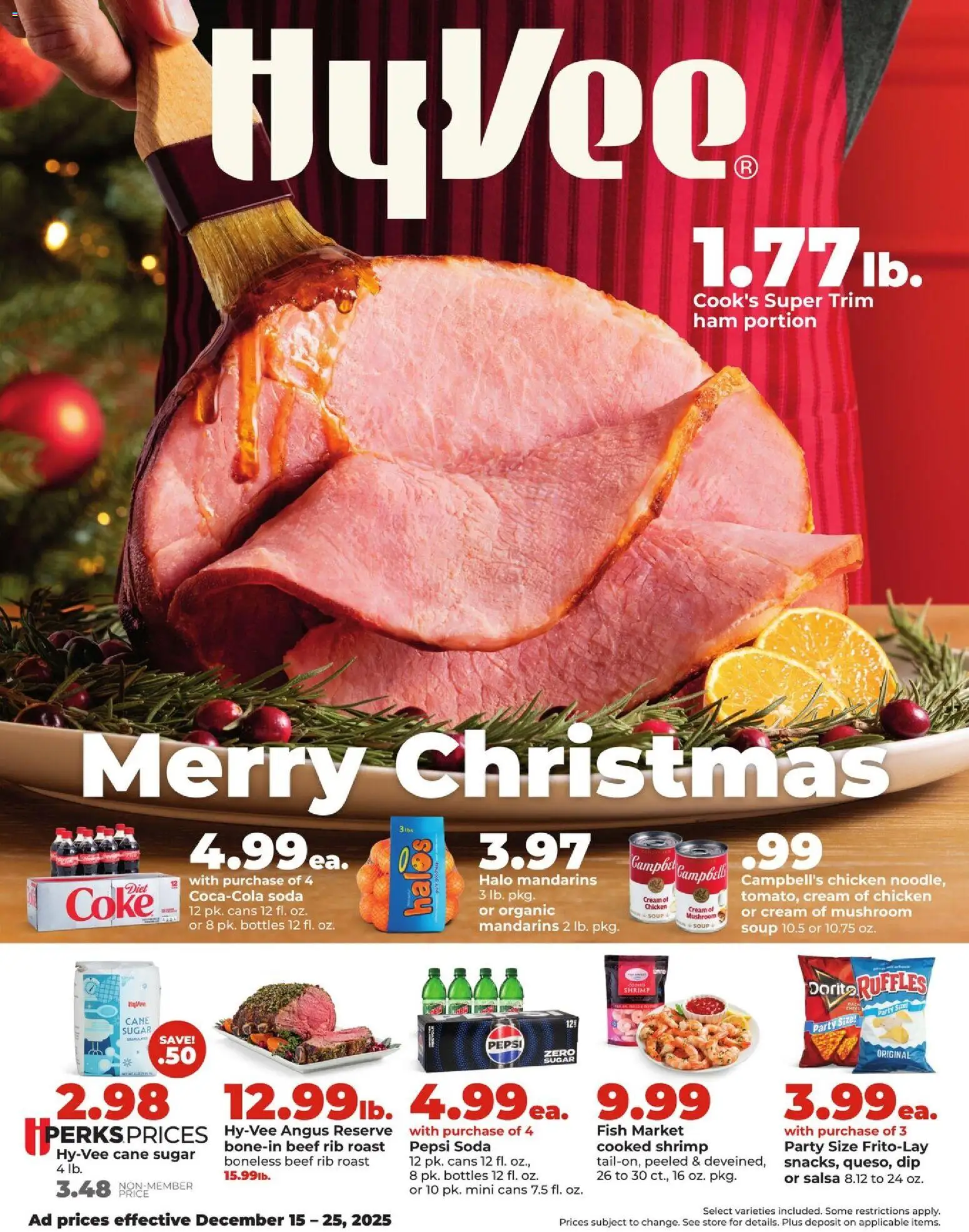 HyVee Weekly Ad - valid from 15.12.2025 | Page: 1 | Products: Mandarins, Ham, Beef, Sugar