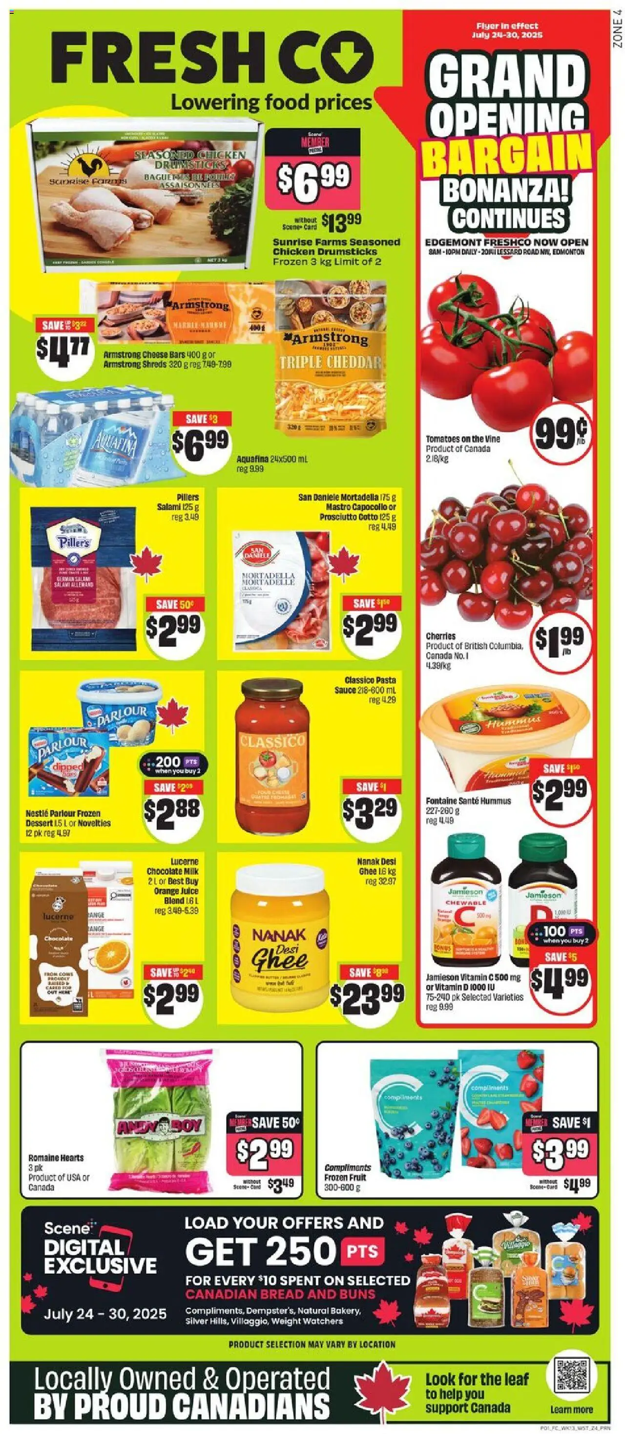 FreshCo flyer valid from 24.07.2025 | Page: 1 | Products: Pasta, Salami, Chicken, Tomatoes