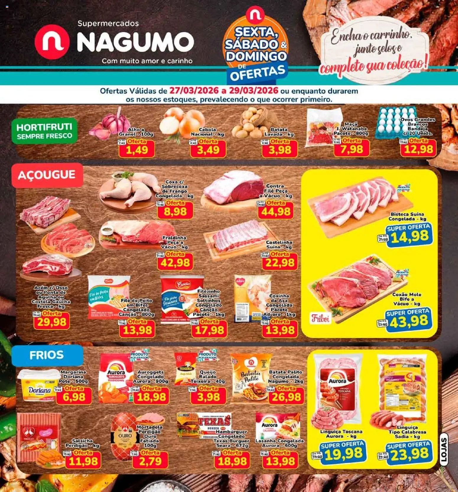 Nagumo Folheto - válido de 27.03.2026 | Página: 1 | Produtos: Salsicha, Ovos, Hambúrguer, Batata