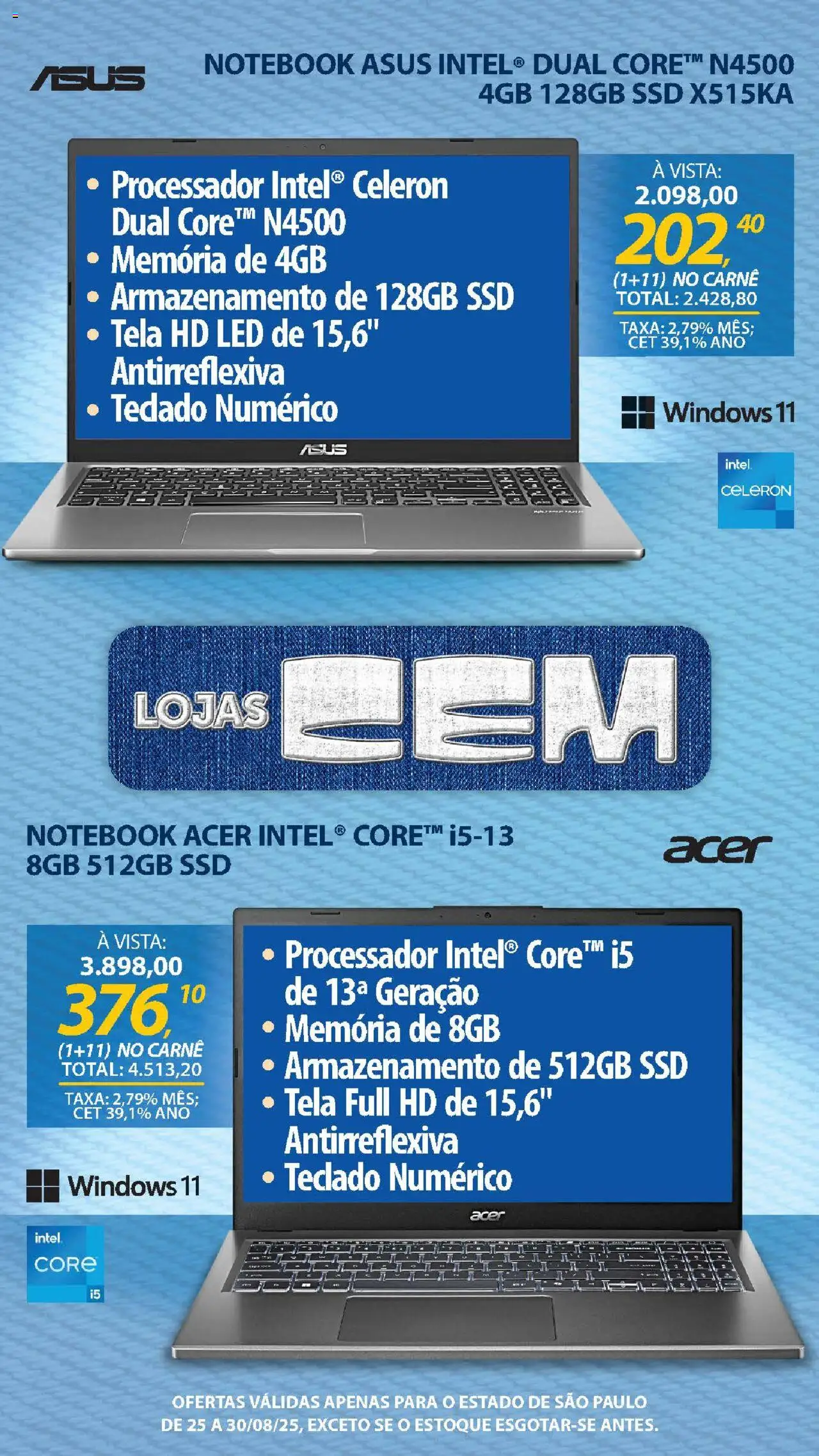 Lojas Cem Folheto - válido de 25.08.2025 | Página: 9 | Produtos: Notebook, Processador, Carne, Teclado