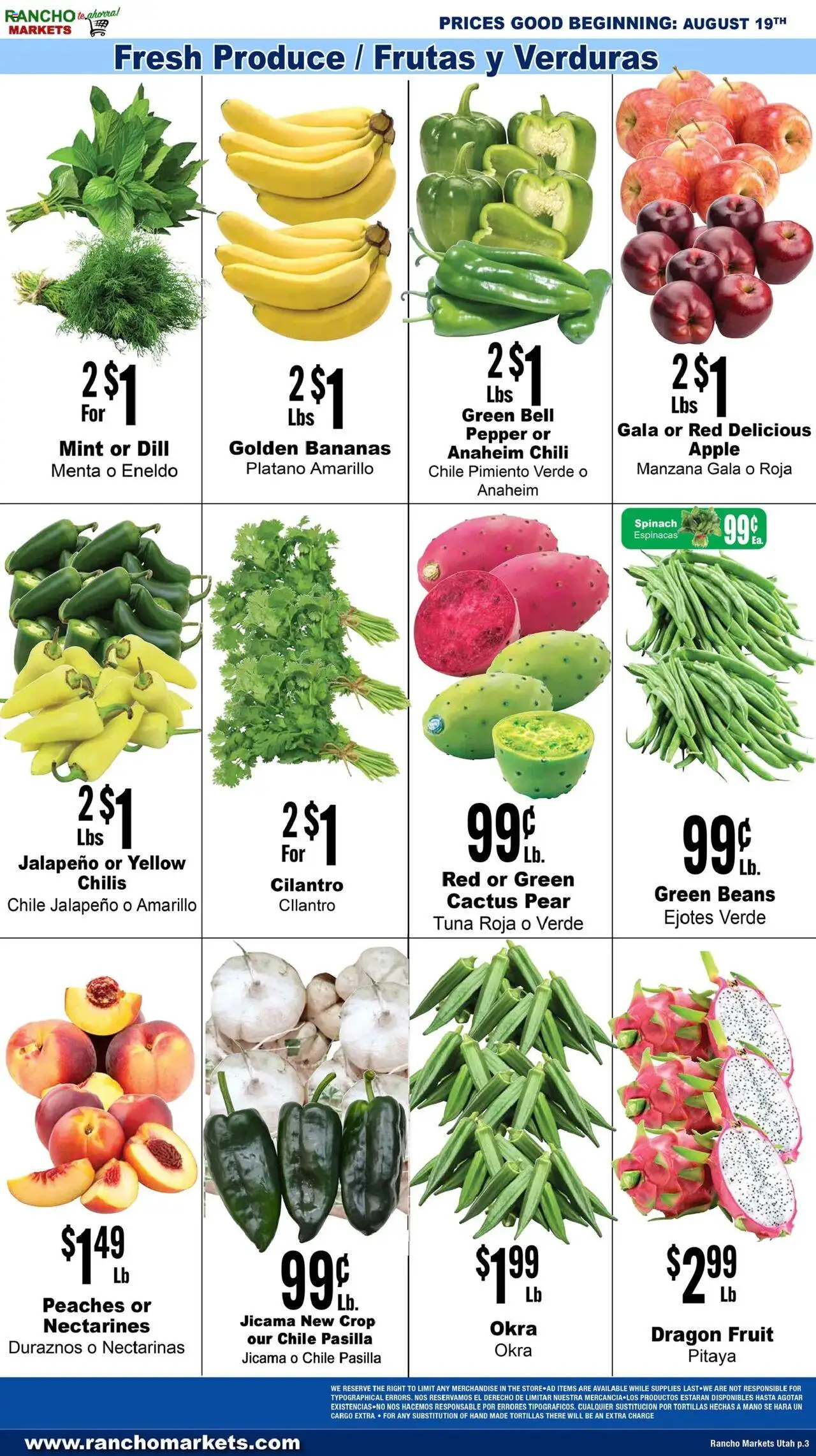 Rancho Markets Weekly Ad - valid from 19.08.2025 | Page: 3 | Products: Spinach, Bananas, Pepper, Dill
