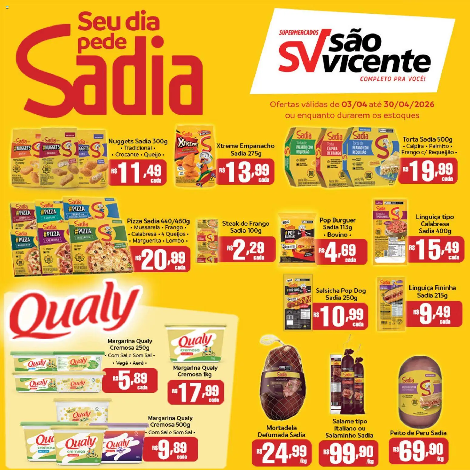 Supermercados São Vicente Folheto - válido de 03.04.2026 | Página: 1 | Produtos: Salsicha, Linguiça, Salame, Sal