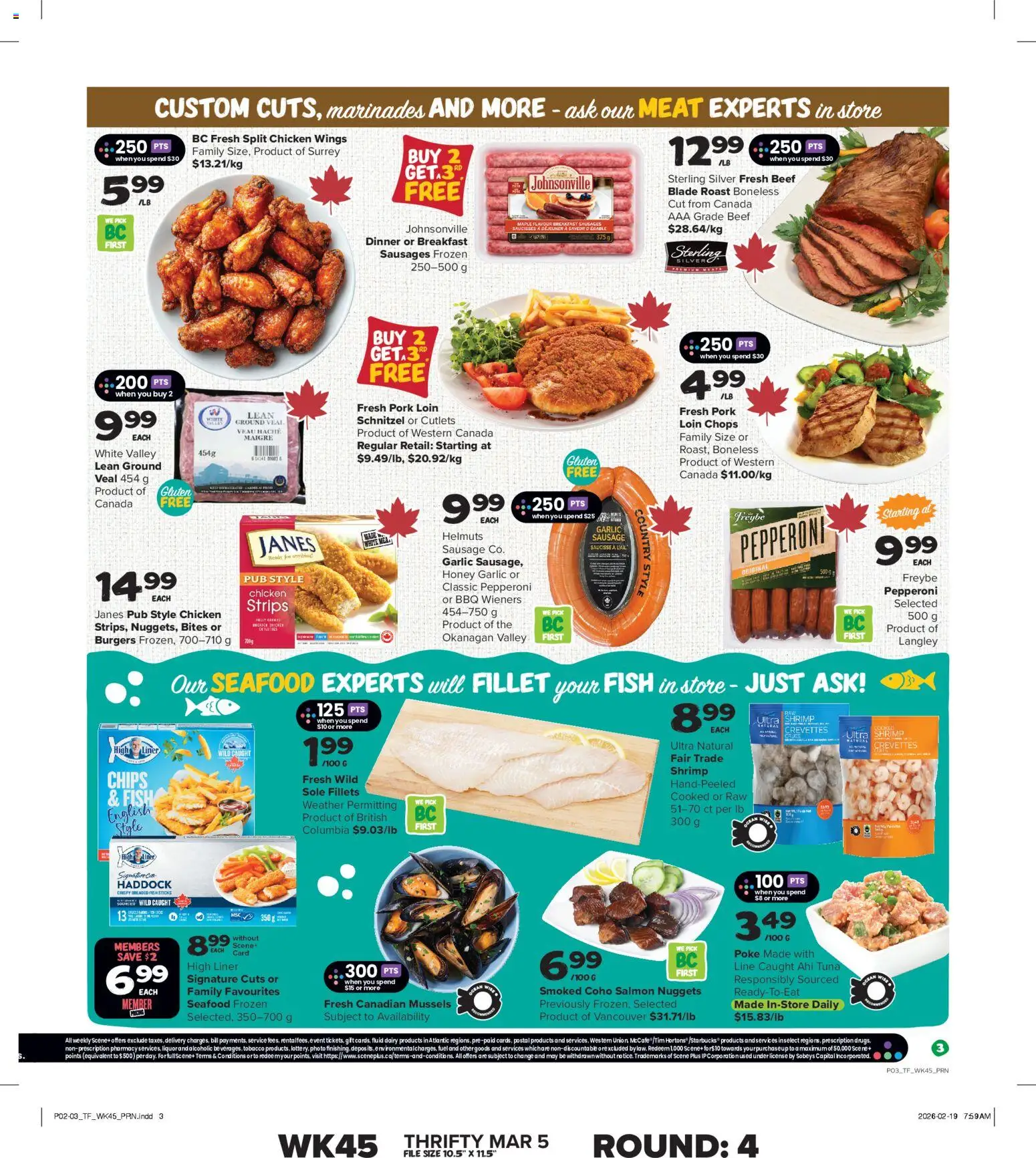 Thrifty Foods flyer valid from 05.03.2026 | Page: 4 | Products: Fish, Beef, Chips, Chicken wings