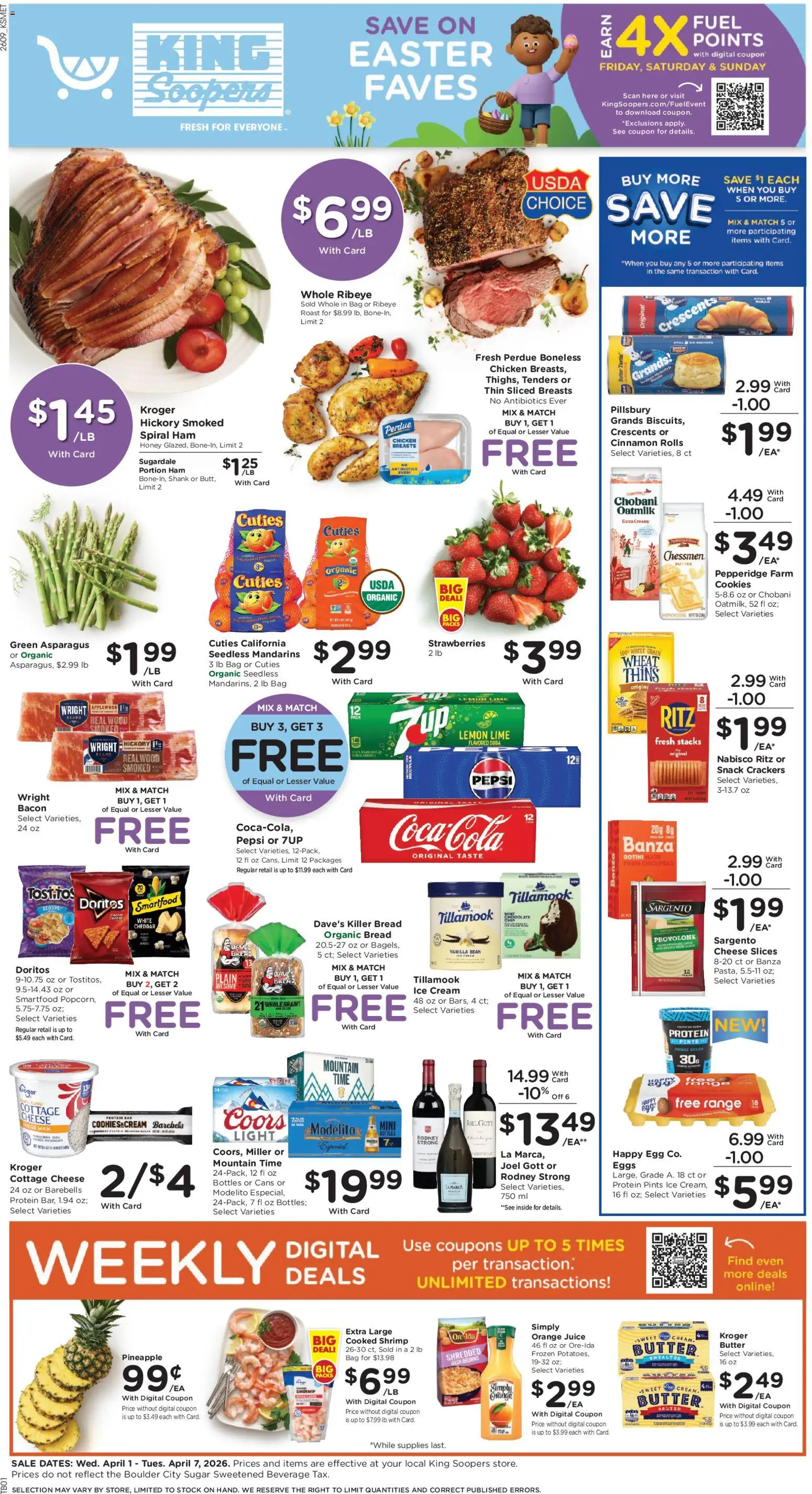 King Soopers Weekly Ad - valid from 01.04.2026 | Page: 1 | Products: Asparagus, Ham, Juice, Ice cream