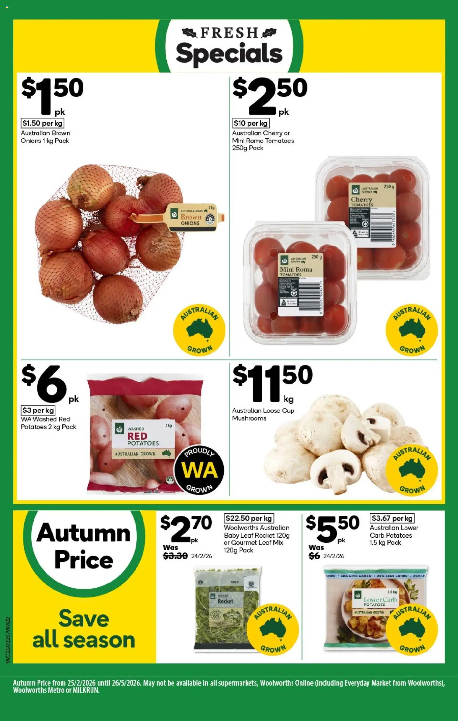 Woolworths catalogue - valid from 25.03.2026 | Page: 22 | Products: Mushrooms, Rocket, Potatoes, Onions