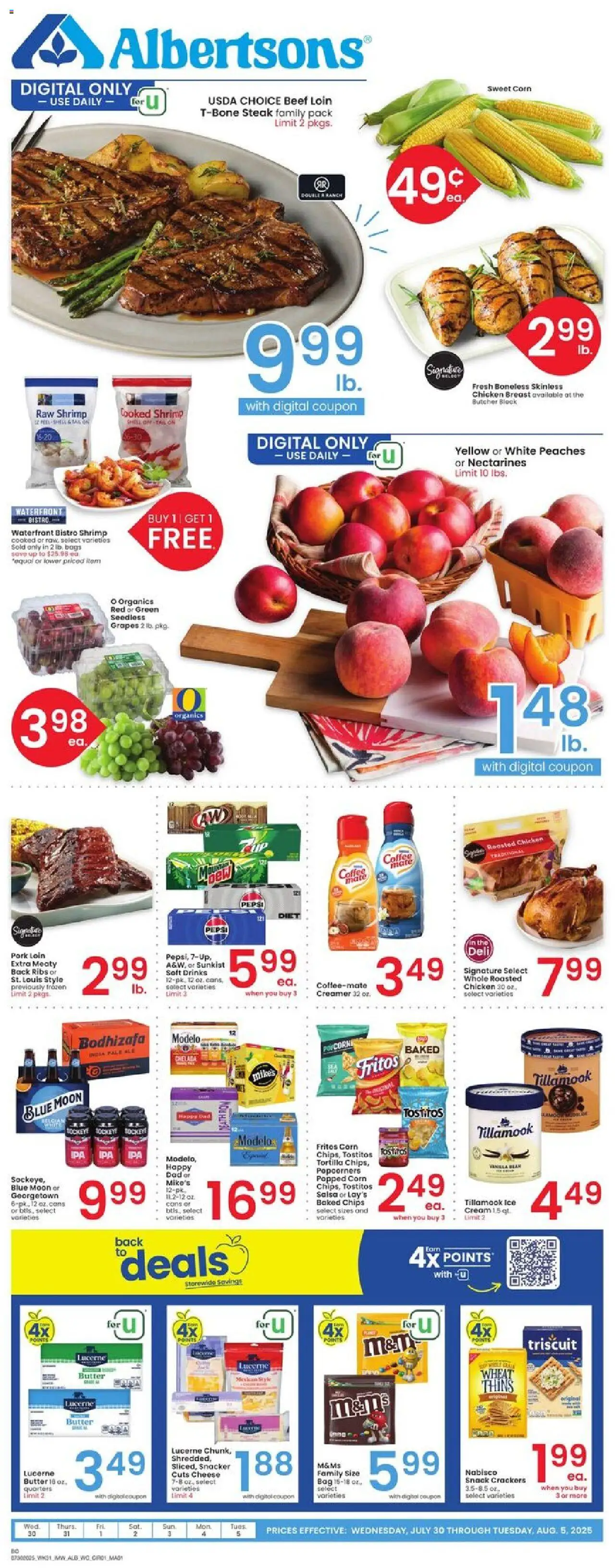 Albertsons Weekly Ad - valid from 30.07.2025 | Page: 1 | Products: Cheese, Coffee, Beef, Chips