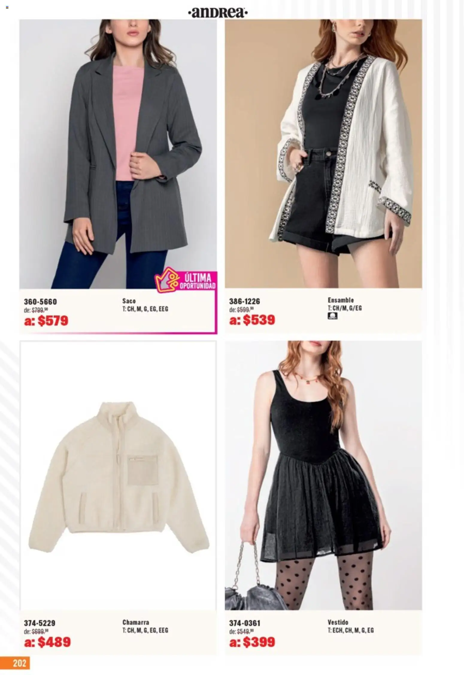 Nuevas ofertas de Andrea válidas en toda la República Mexicana desde el 05.04.2026. ¡Encuentra las mejores ofertas en Andrea catálogo Outlet! | Página: 202 | Productos: Chamarra, Vestido
