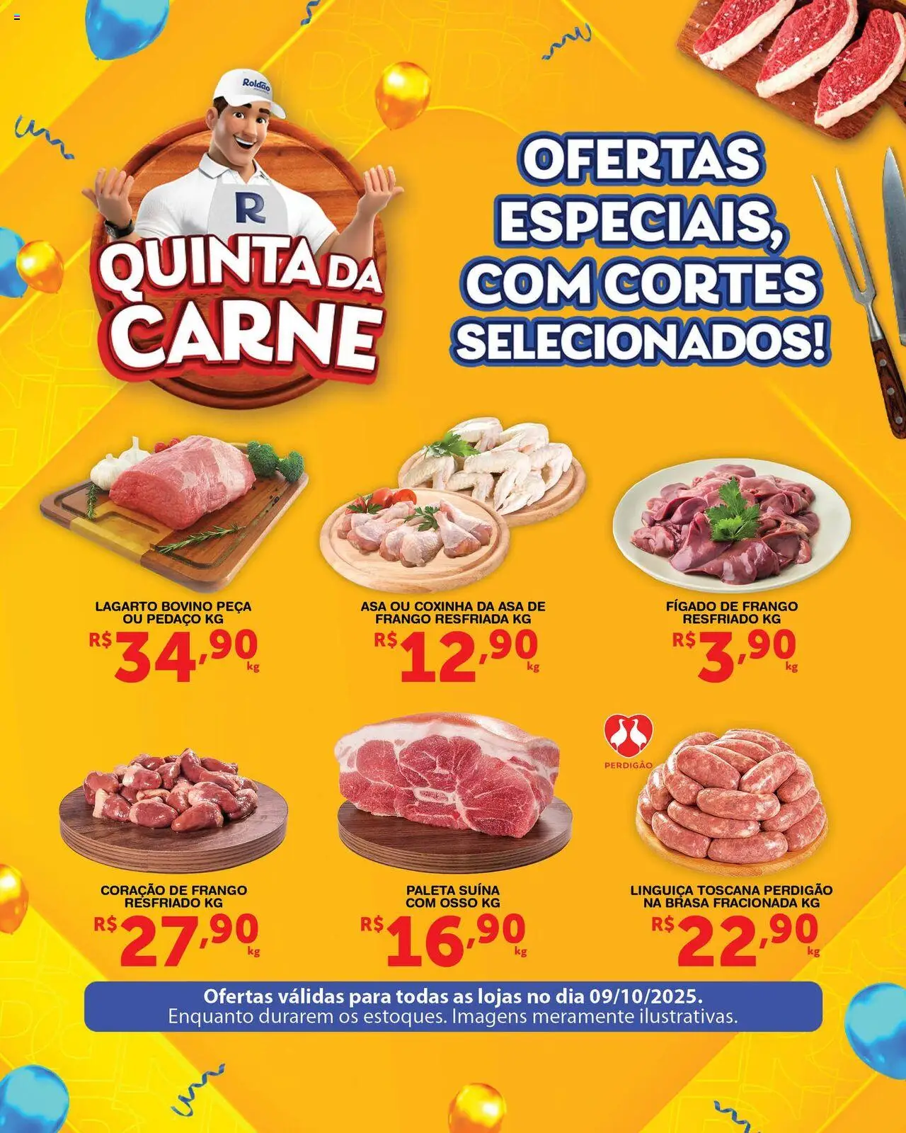 Roldão Folheto - válido de 09.10.2025 | Página: 1 | Produtos: Linguiça, Coração de frango, Carne, Frango