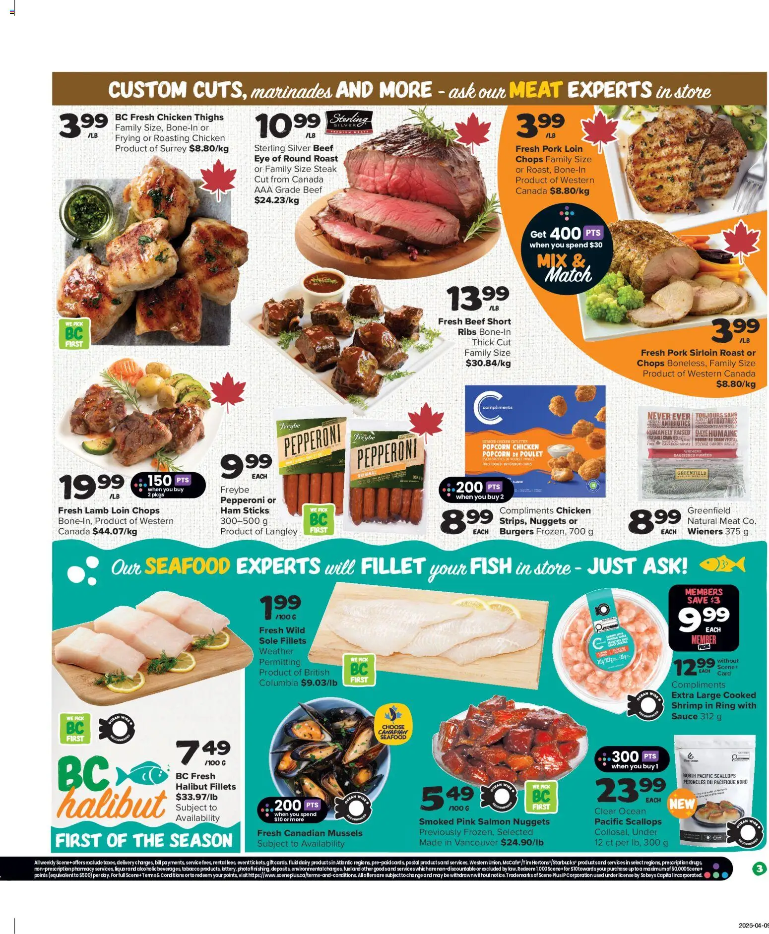 Thrifty Foods flyer valid from 23.04.2026 | Page: 4 | Products: Fish, Ham, Chicken, Pork
