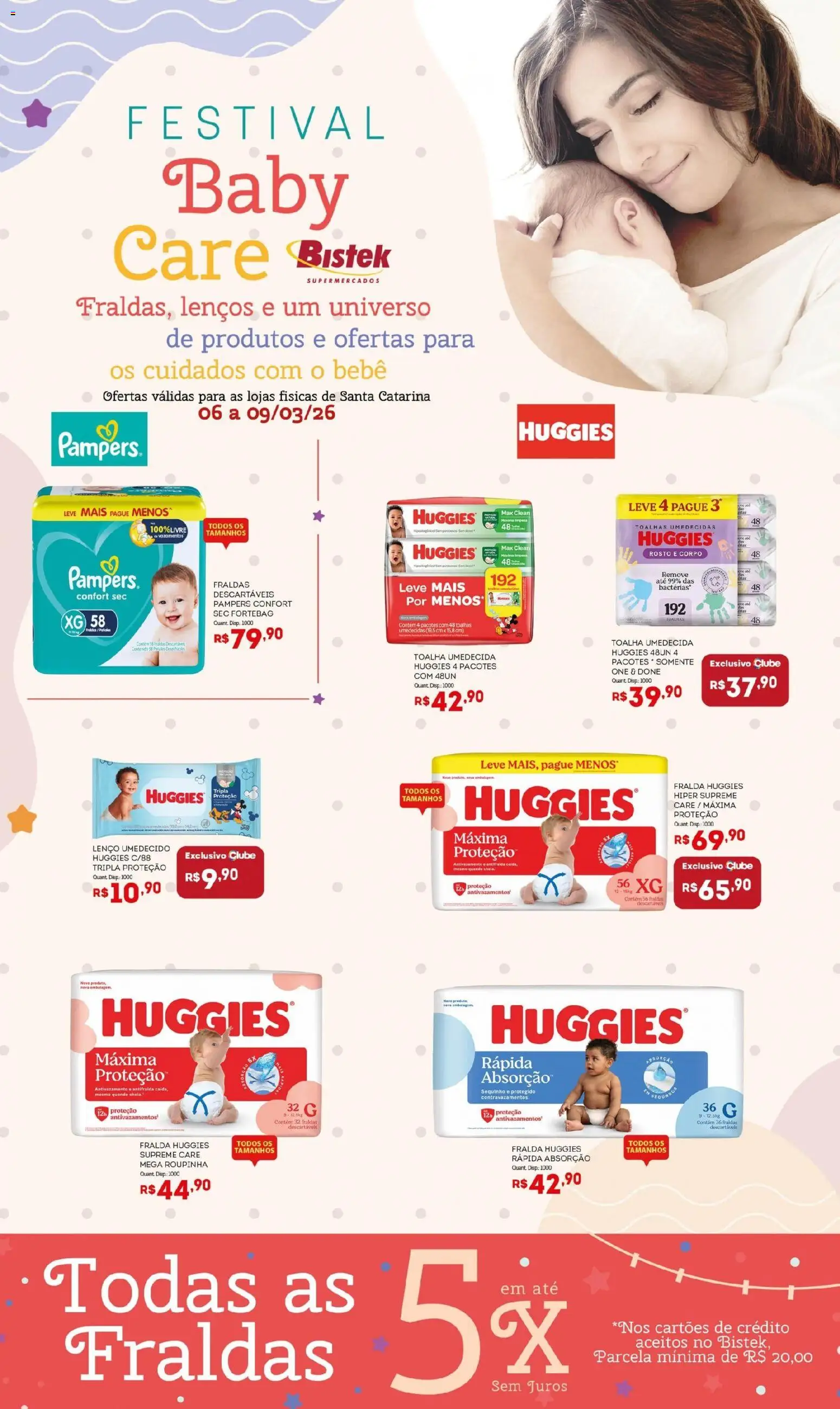 Bistek Supermercados Folheto - válido de 06.03.2026 | Página: 1 | Produtos: Pampers, Lenço, Lenço umedecido, Fraldas